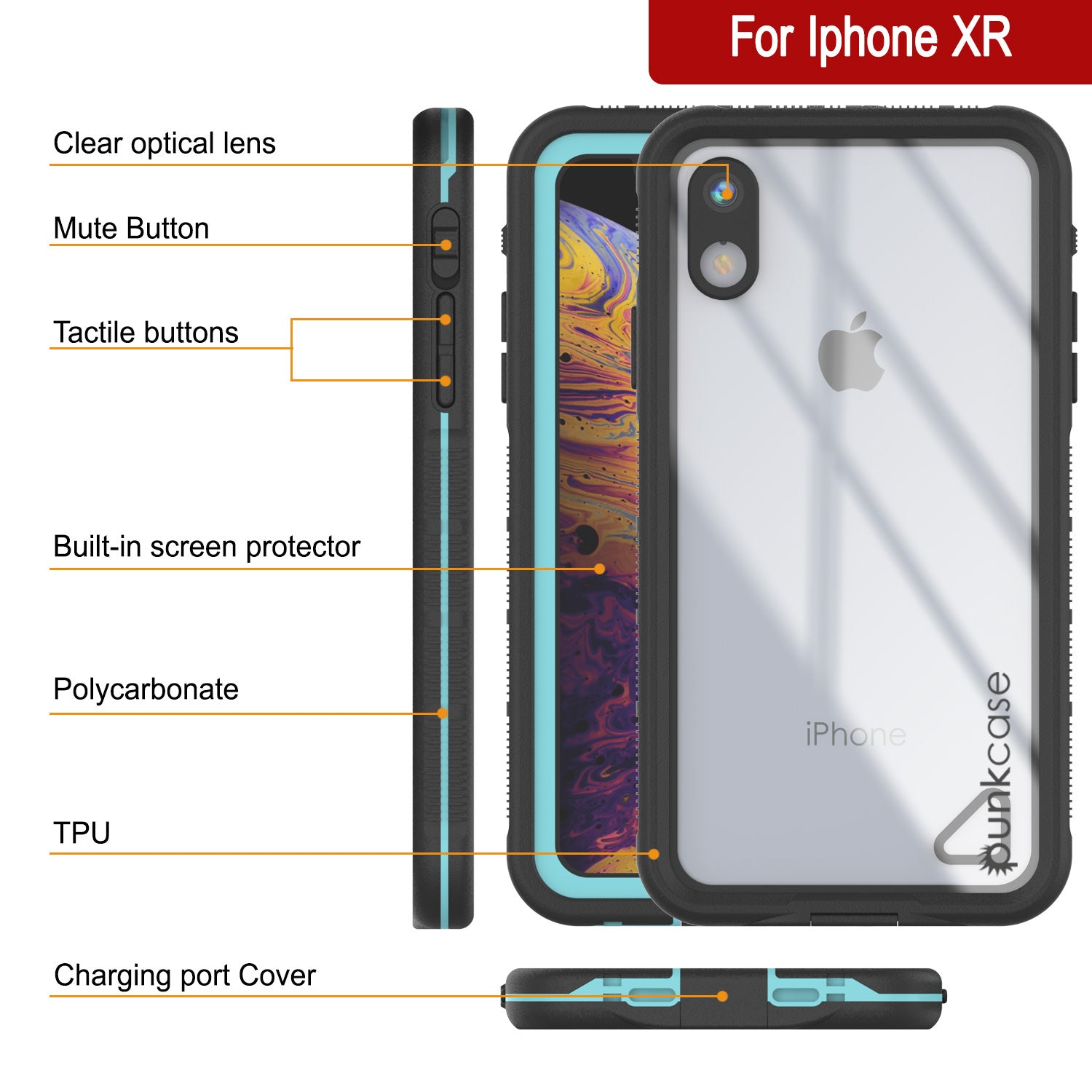 Punkcase iPhone XR Waterproof Case [Aqua Series] Armor Cover [Clear Teal] [Clear Back]
