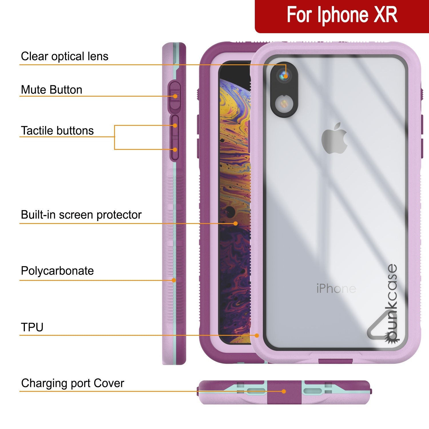Punkcase iPhone XR Waterproof Case [Aqua Series] Armor Cover [Clear Purple] [Clear Back]