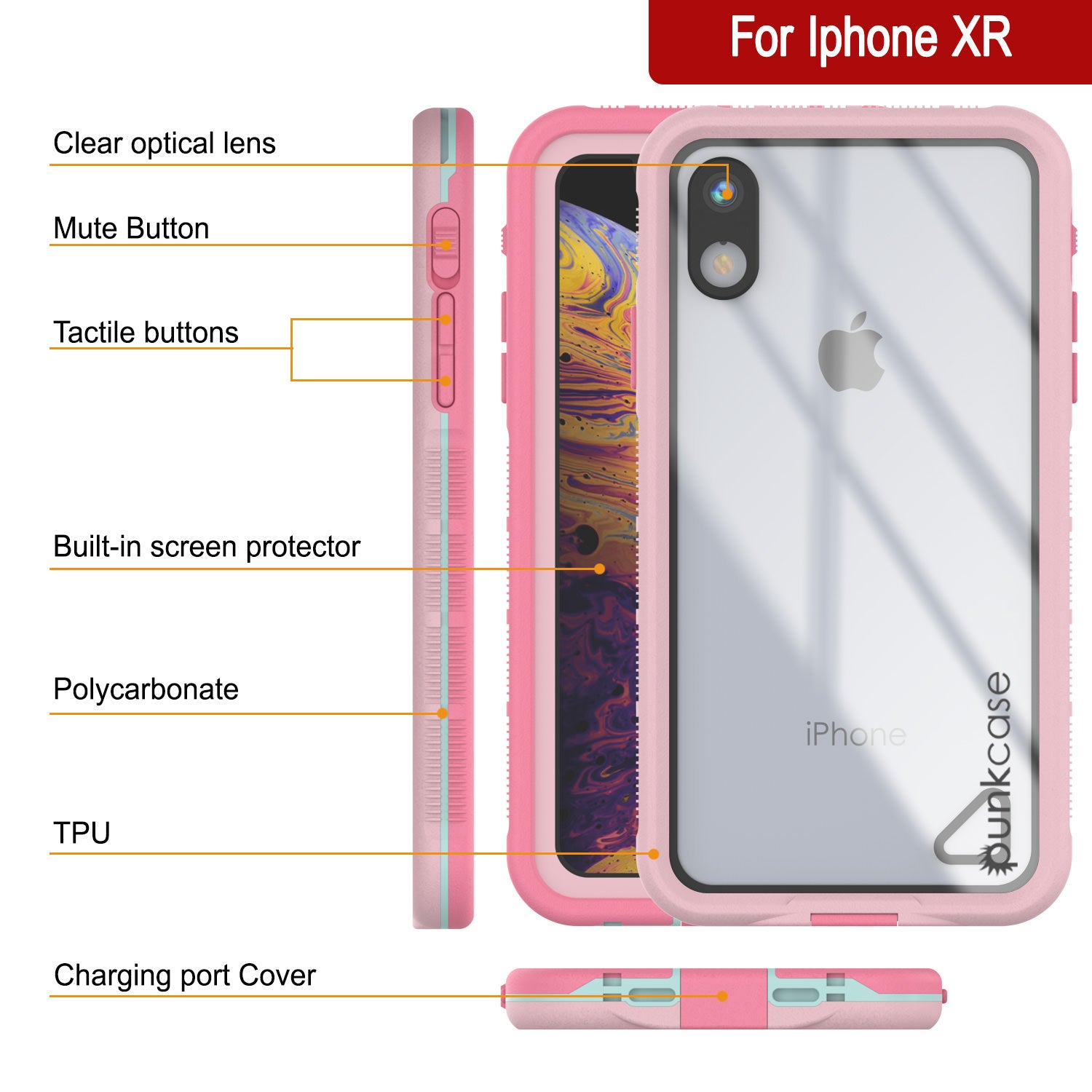 Punkcase iPhone XR Waterproof Case [Aqua Series] Armor Cover [Clear Pink] [Clear Back]