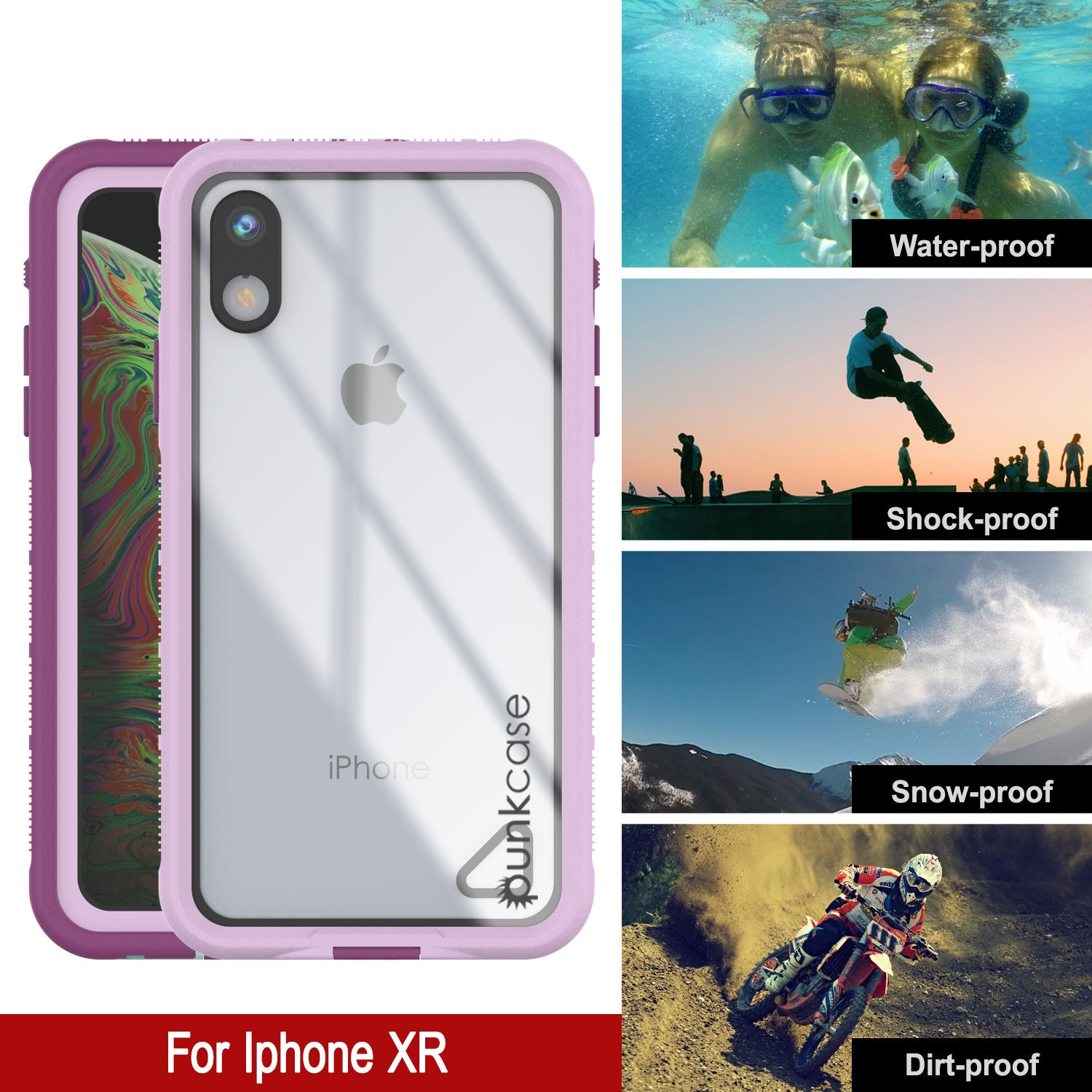 Punkcase iPhone XR Waterproof Case [Aqua Series] Armor Cover [Clear Purple] [Clear Back]