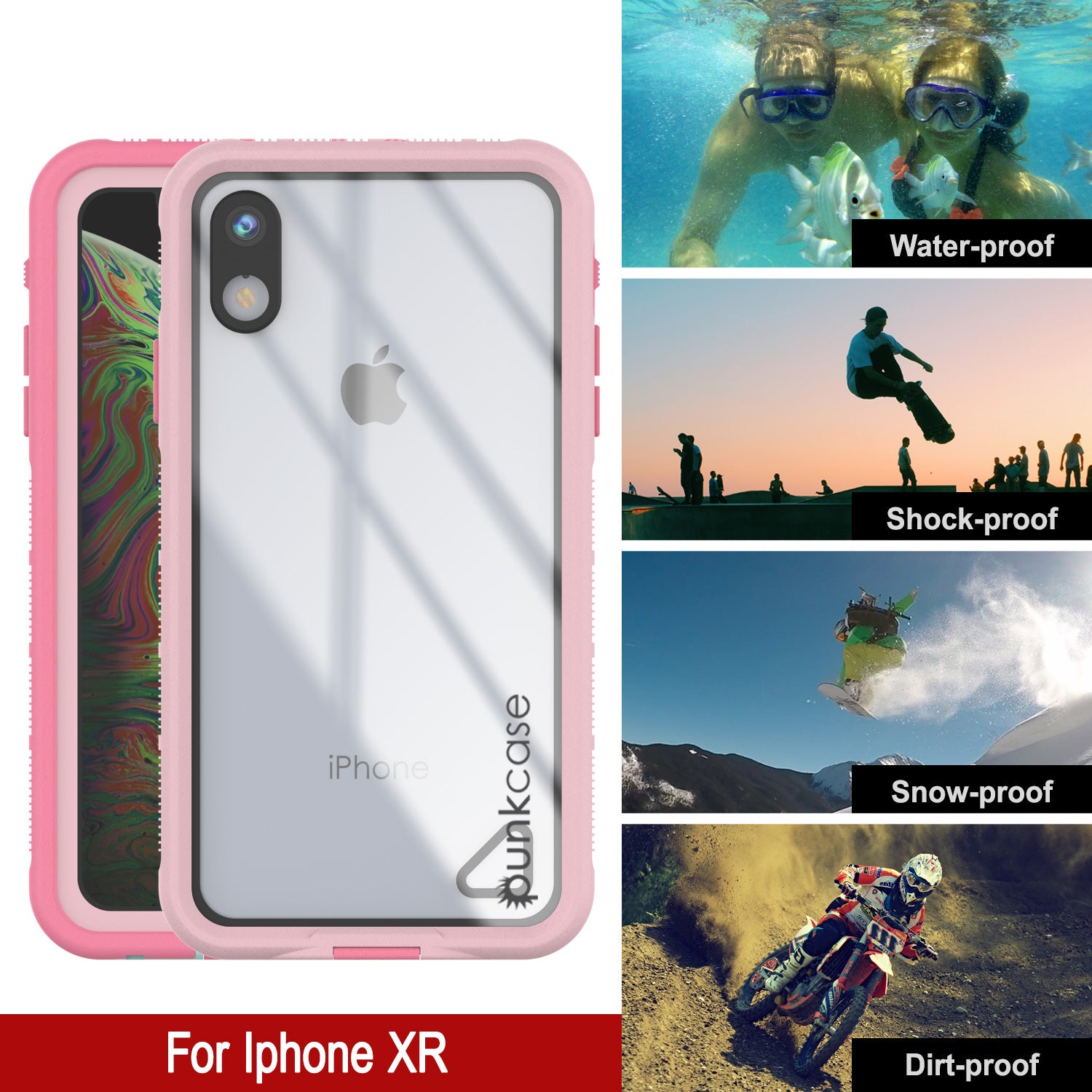 Punkcase iPhone XR Waterproof Case [Aqua Series] Armor Cover [Clear Pink] [Clear Back]