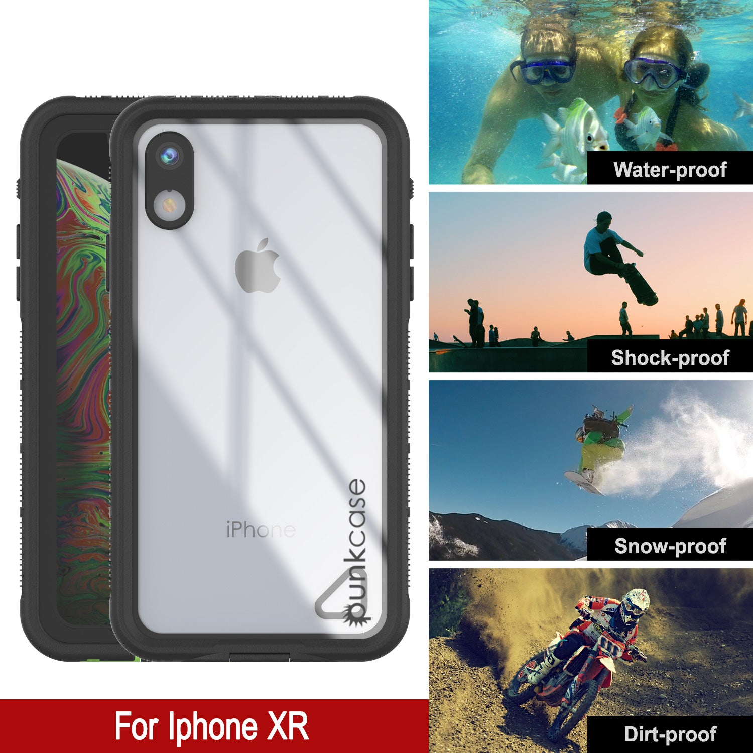 Punkcase iPhone XR Waterproof Case [Aqua Series] Armor Cover [Clear Black] [Clear Back]