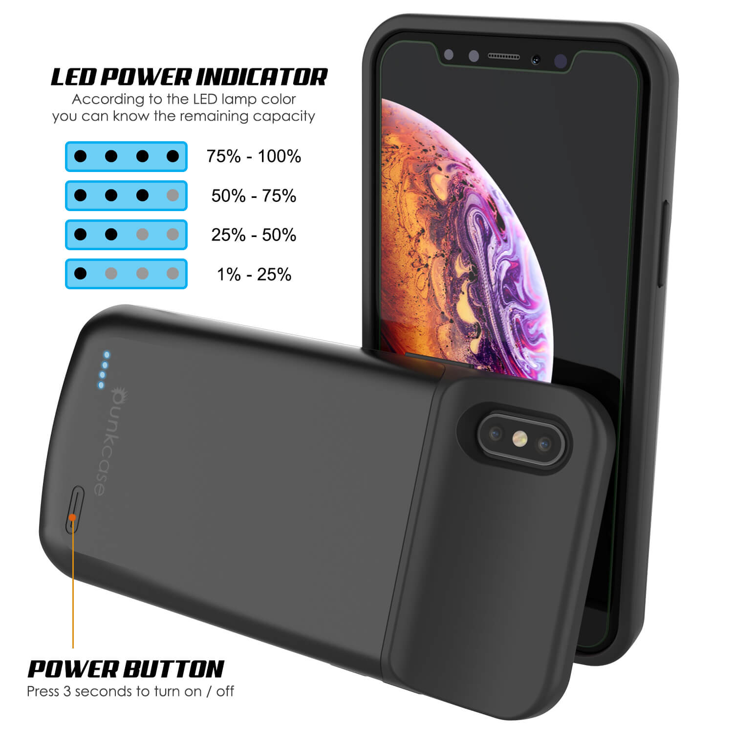 iphone XS Battery Case, PunkJuice 5000mAH Fast Charging Power Bank W/ Screen Protector | [Black]