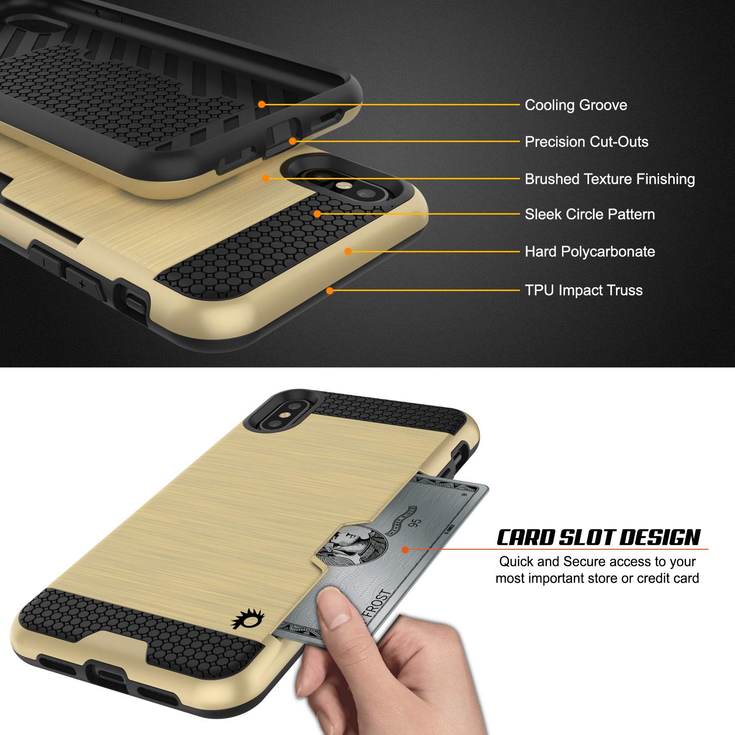 iPhone XS Max Case, PUNKcase [SLOT Series] Slim Fit Dual-Layer Armor Cover [Gold]