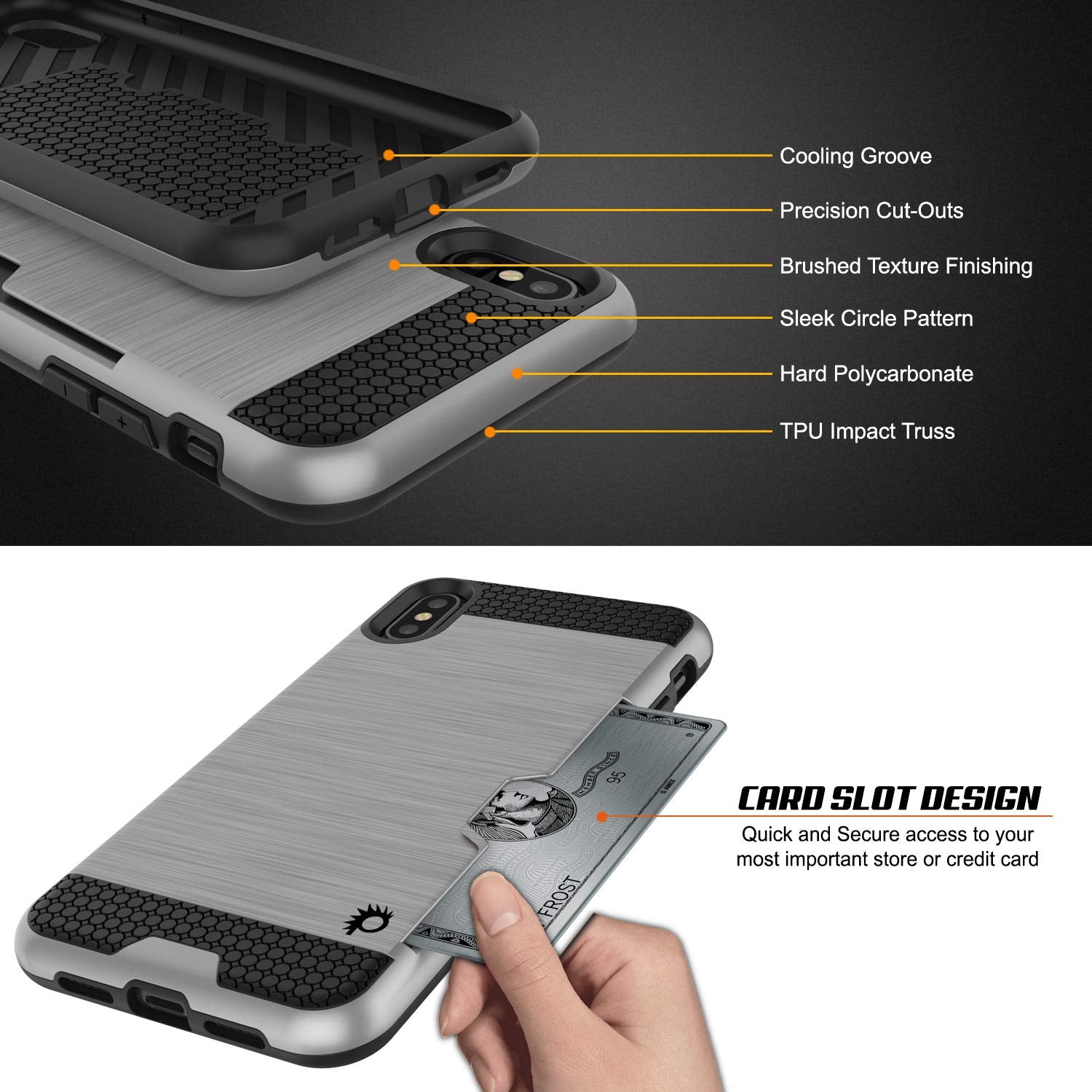 iPhone XS Max Case, PUNKcase [SLOT Series] Slim Fit Dual-Layer Armor Cover [Silver]