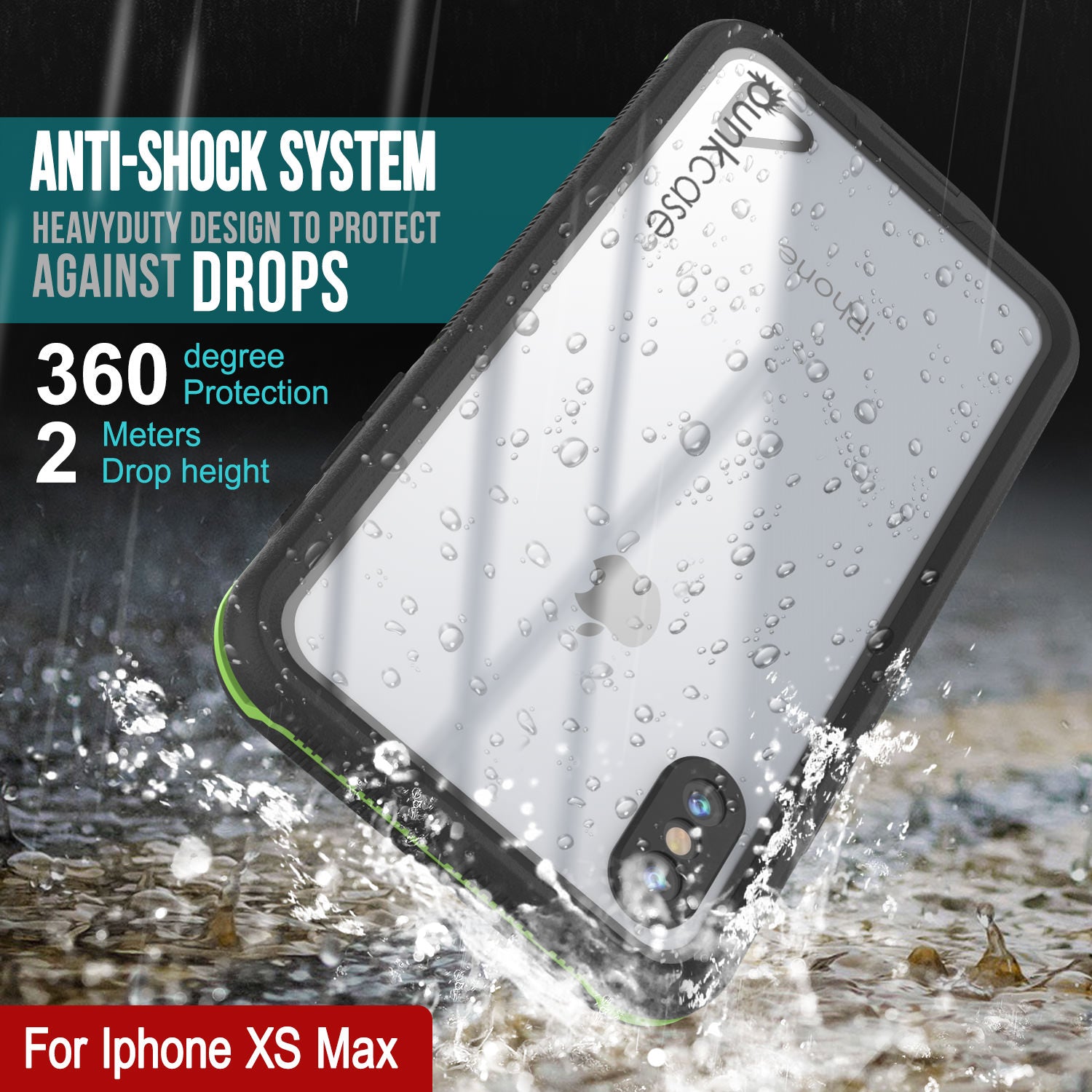 Punkcase iPhone XS Max Waterproof Case [Aqua Series] Armor Cover [Clear Black] [Clear Back]