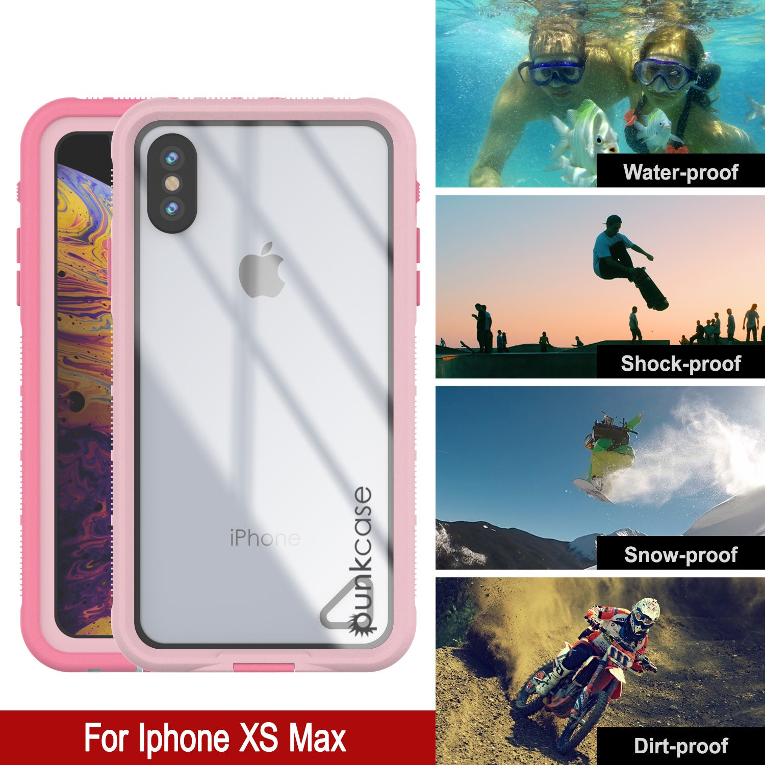 Punkcase iPhone XS Max Waterproof Case [Aqua Series] Armor Cover [Clear Pink] [Clear Back]