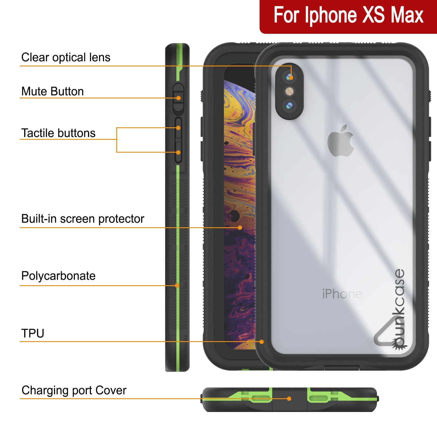 Punkcase iPhone XS Max Waterproof Case [Aqua Series] Armor Cover [Clear Black] [Clear Back]