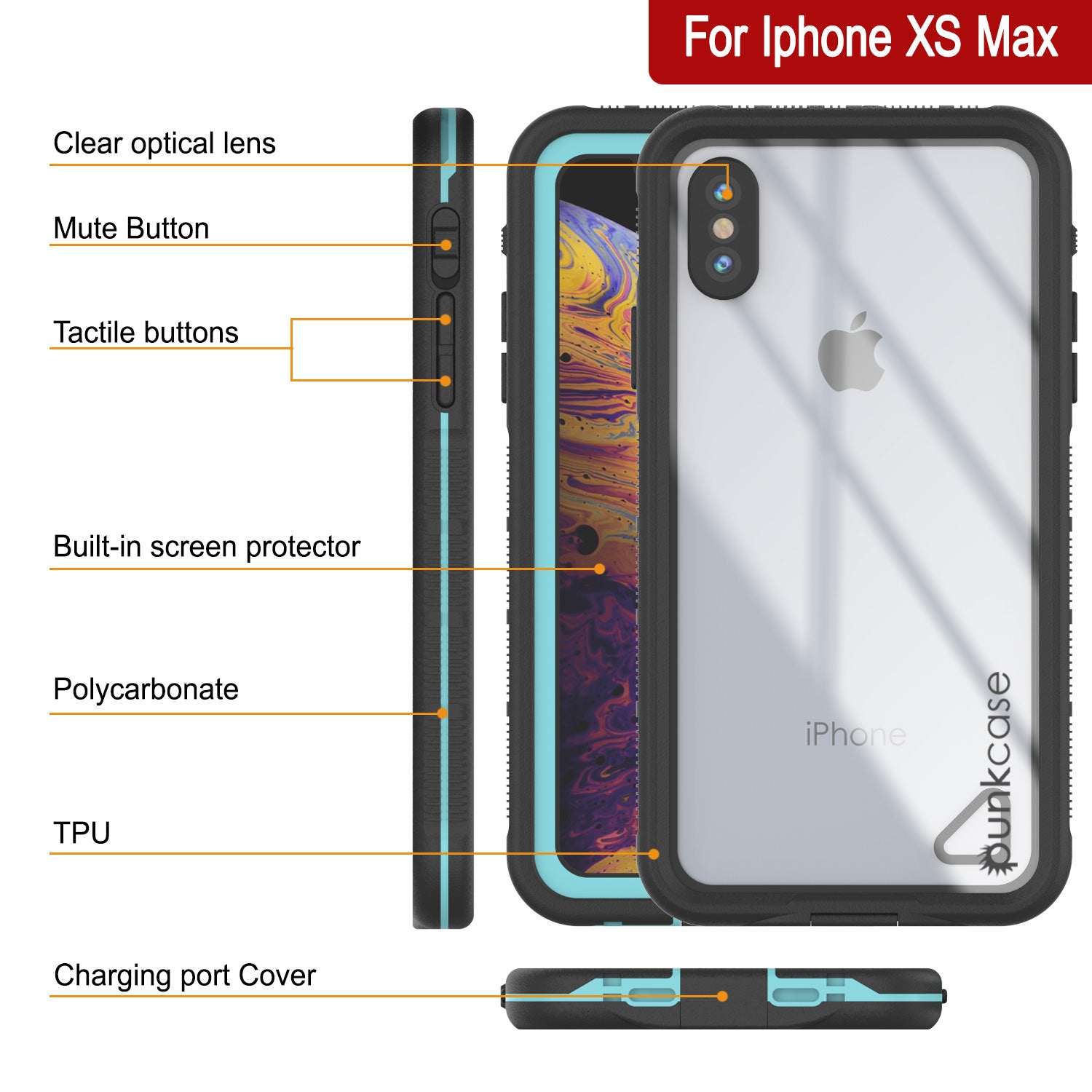 Punkcase iPhone XS Max Waterproof Case [Aqua Series] Armor Cover [Clear Teal] [Clear Back]