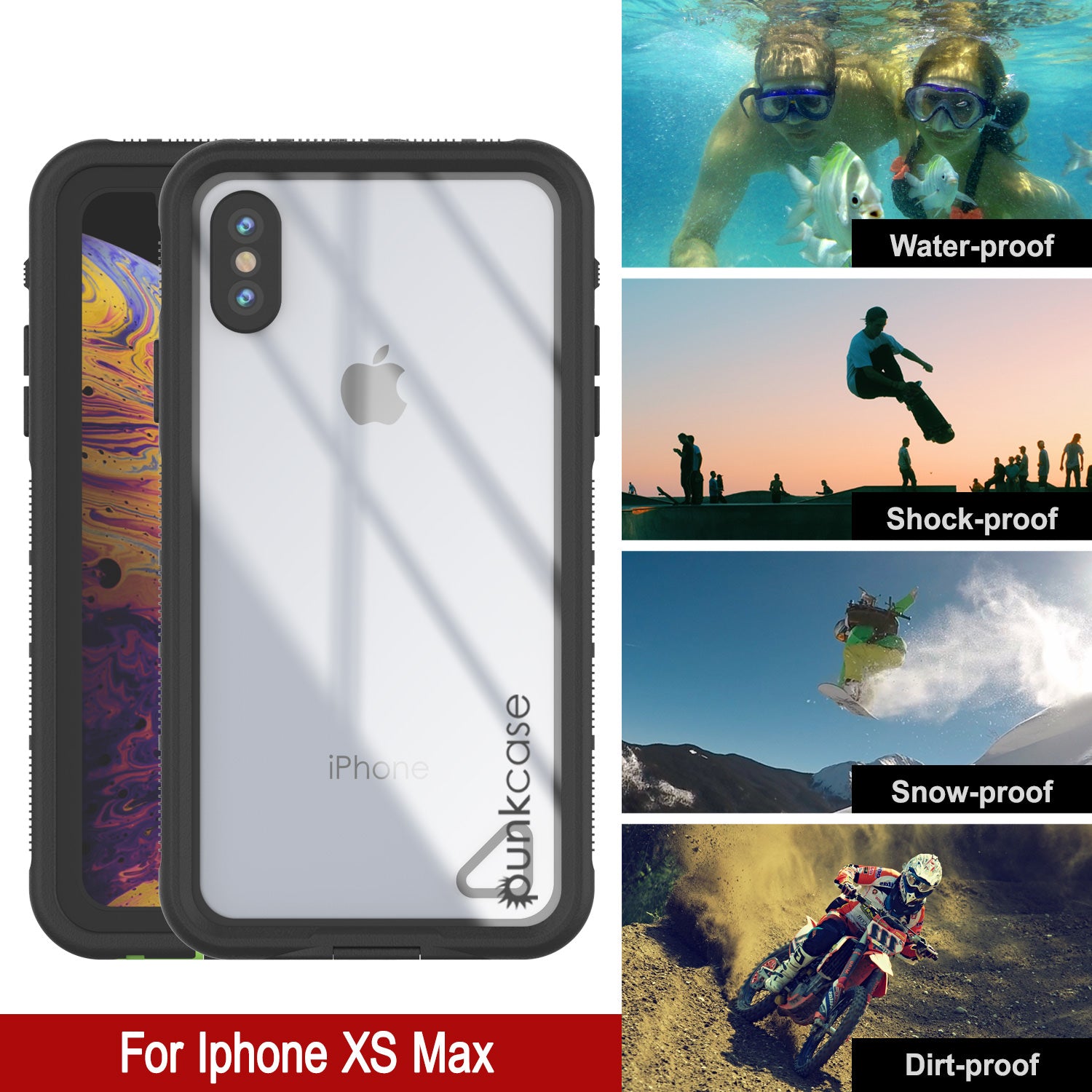 Punkcase iPhone XS Max Waterproof Case [Aqua Series] Armor Cover [Clear Black] [Clear Back]
