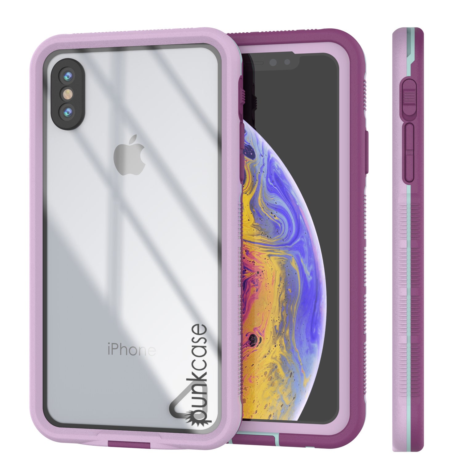 Punkcase iPhone XS Max Waterproof Case [Aqua Series] Armor Cover [Clear Purple] [Clear Back]
