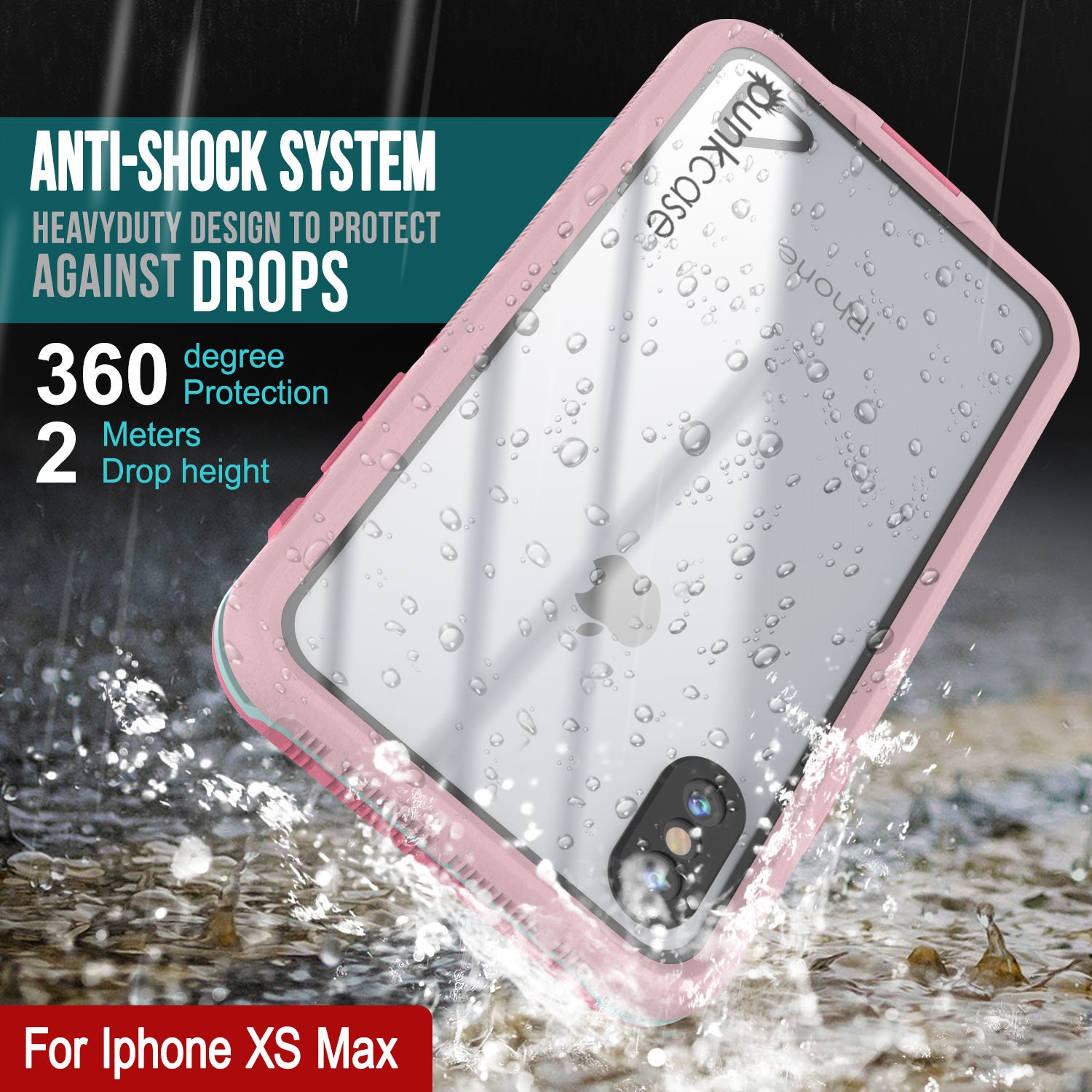 Punkcase iPhone XS Max Waterproof Case [Aqua Series] Armor Cover [Clear Pink] [Clear Back]