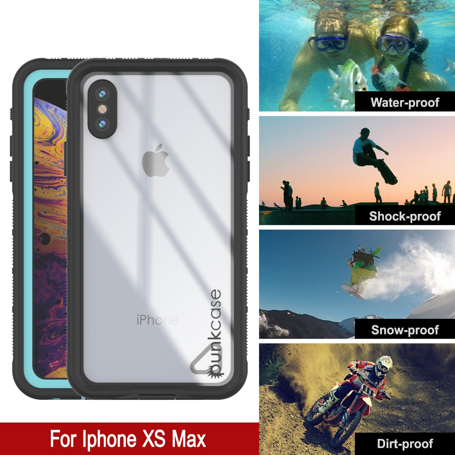Punkcase iPhone XS Max Waterproof Case [Aqua Series] Armor Cover [Clear Teal] [Clear Back]