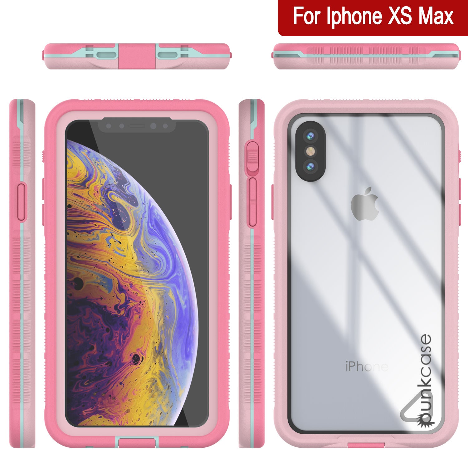Punkcase iPhone XS Max Waterproof Case [Aqua Series] Armor Cover [Clear Pink] [Clear Back]
