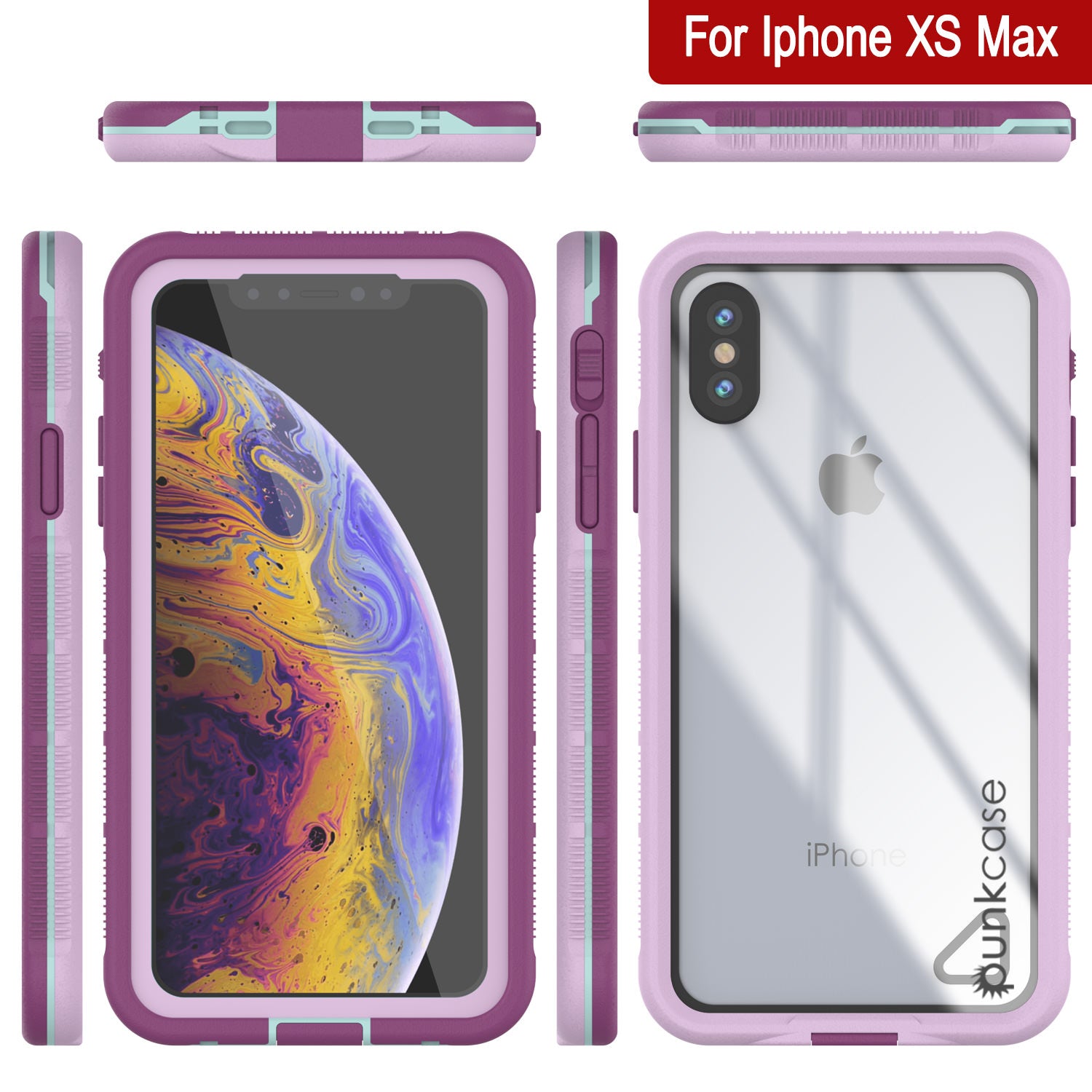 Punkcase iPhone XS Max Waterproof Case [Aqua Series] Armor Cover [Clear Purple] [Clear Back]