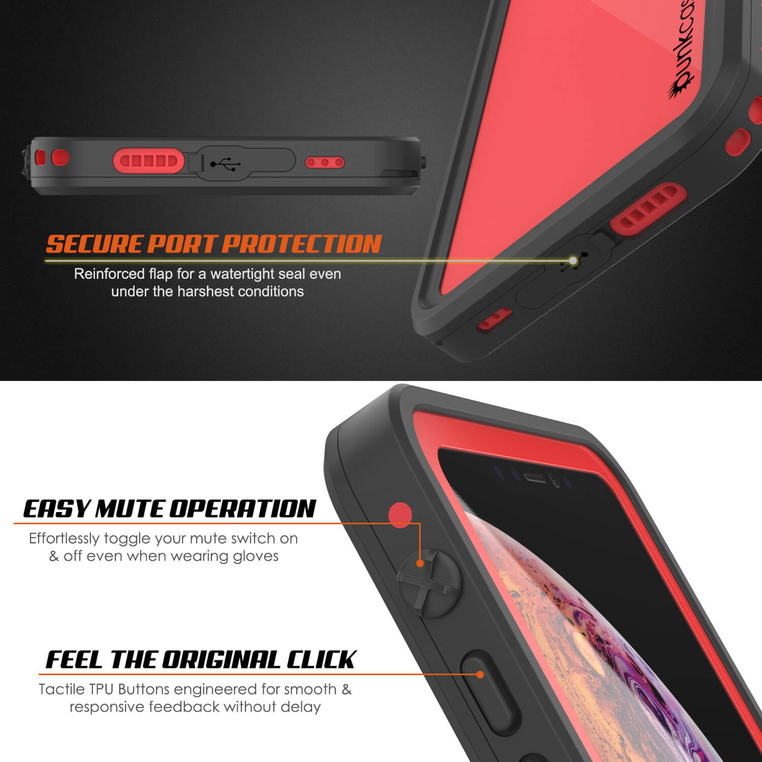 iPhone XS Waterproof IP68 Case, Punkcase [Red] [StudStar Series] [Slim Fit] [Dirtproof]