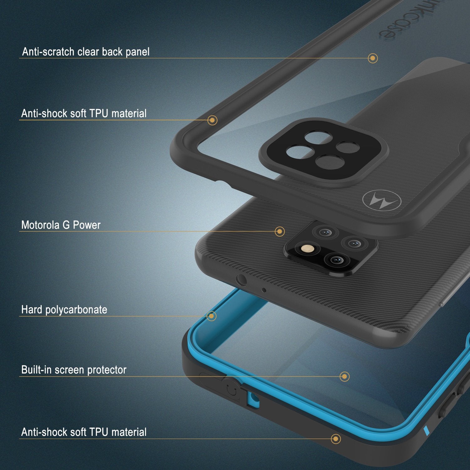 Moto G Power Waterproof Case PunkCase StudStar Light Blue Thin 6.6ft Underwater IP68 Shock/Snow Proof