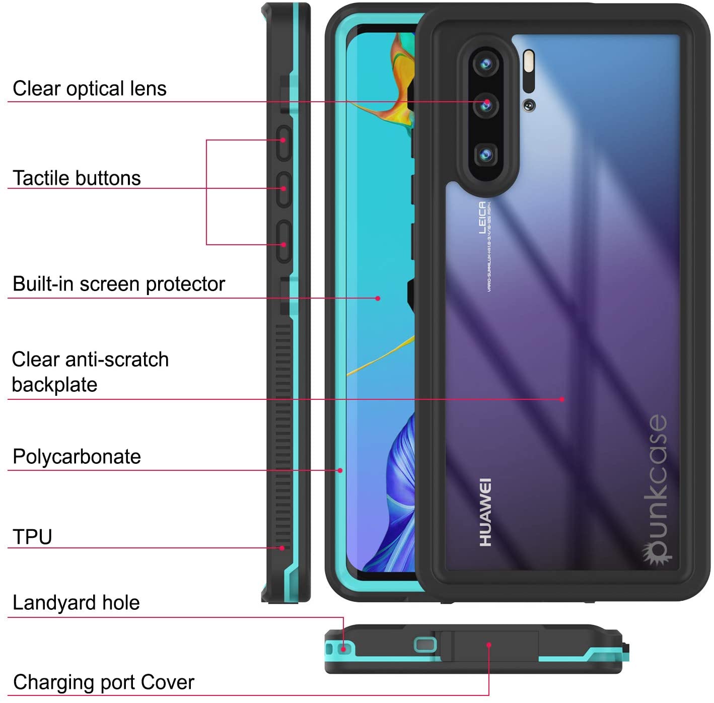 Huawei P30 Pro  Waterproof IP68 Case, Punkcase [Teal] [StudStar Series] [Slim Fit] [Dirtproof]