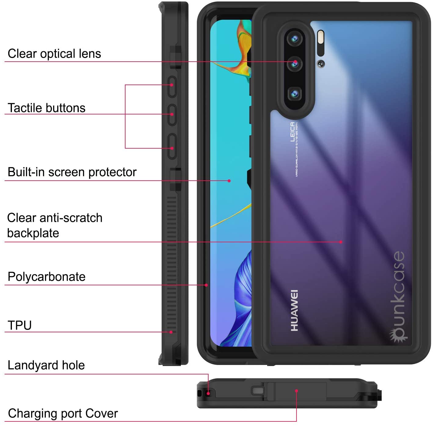 Huawei P30 Pro  Waterproof IP68 Case, Punkcase [Black] [StudStar Series] [Slim Fit] [Dirtproof]