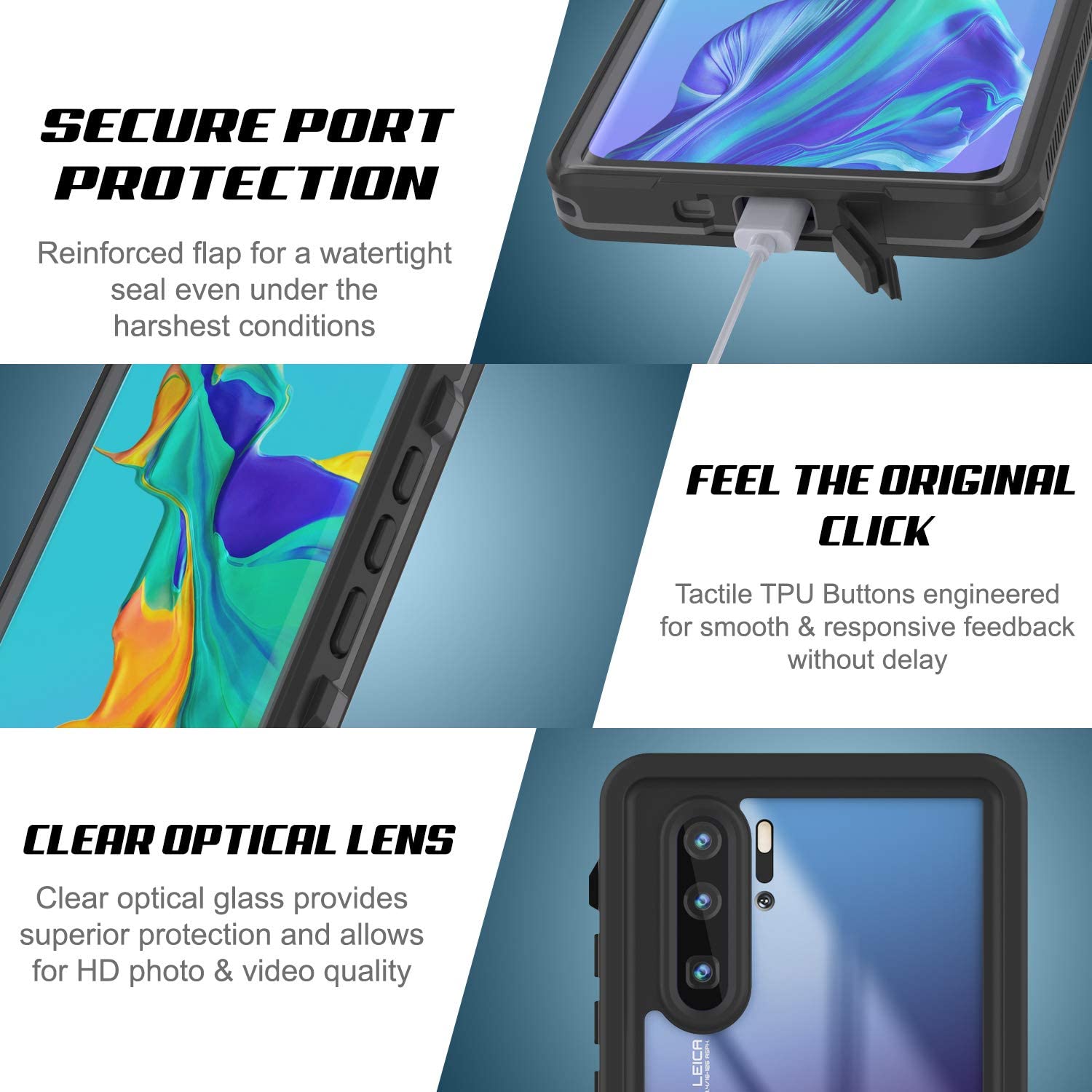 Huawei P30 Pro  Waterproof IP68 Case, Punkcase [Black] [StudStar Series] [Slim Fit] [Dirtproof]