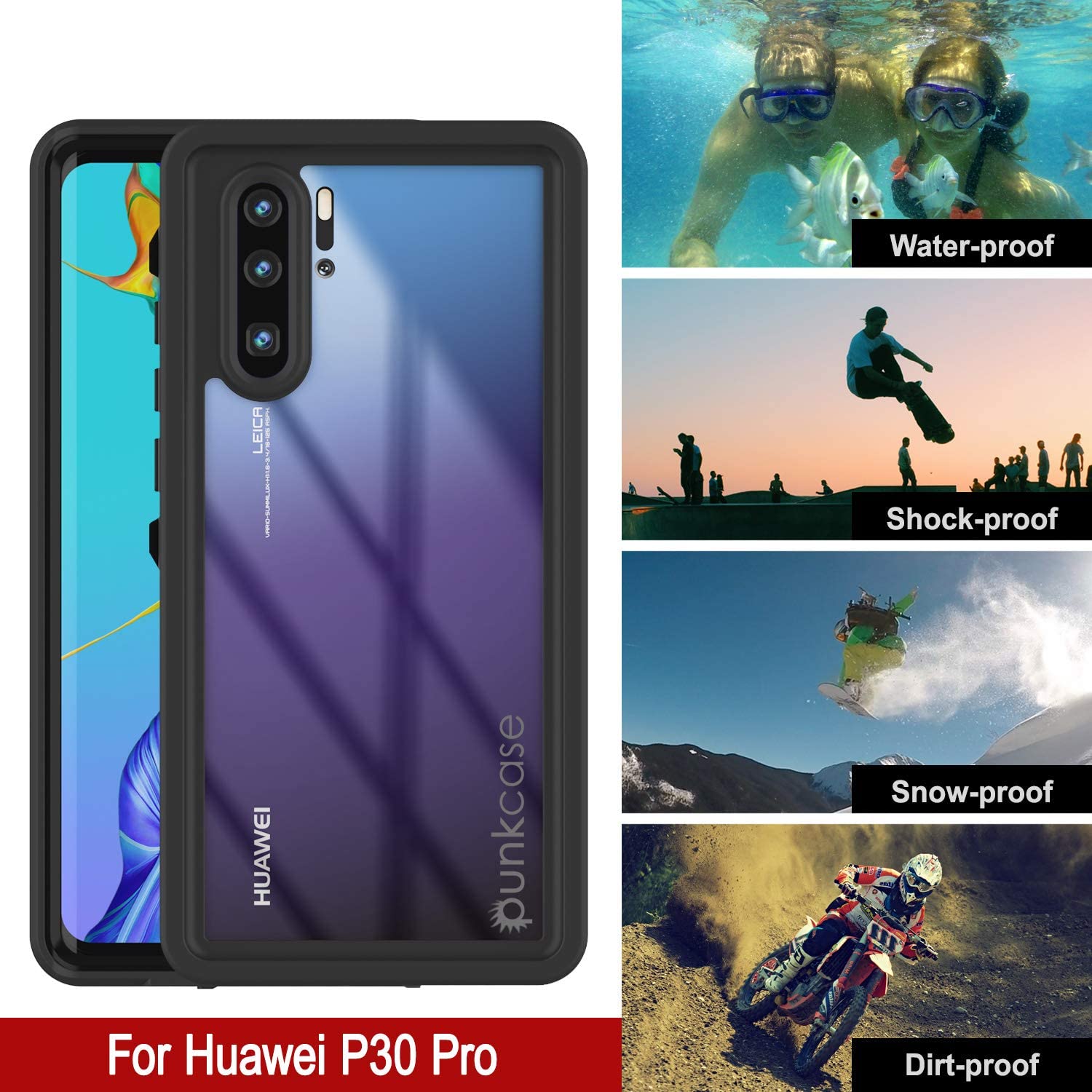 Huawei P30 Pro  Waterproof IP68 Case, Punkcase [Black] [StudStar Series] [Slim Fit] [Dirtproof]