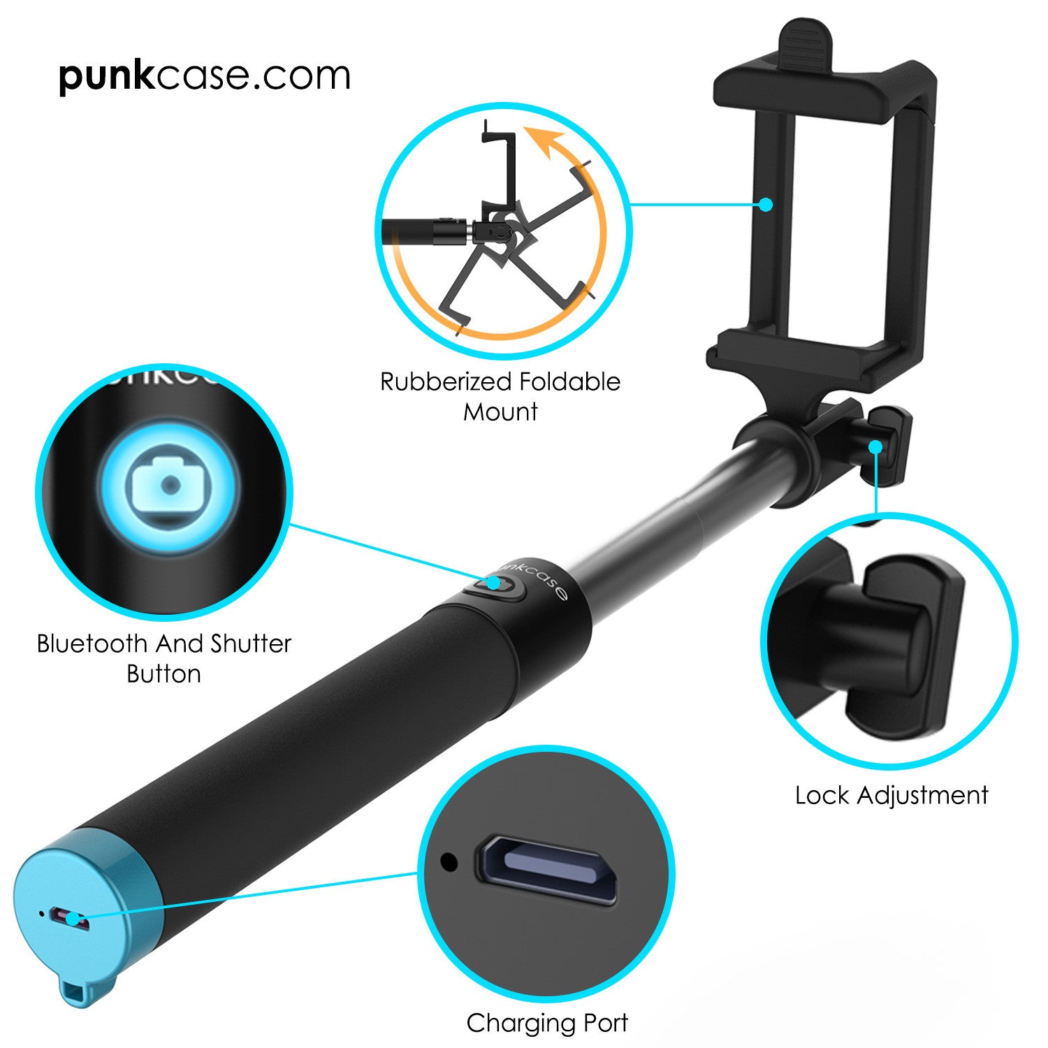 Selfie Stick - Blue, Extendable Monopod with Built-In Bluetooth Remote Shutter