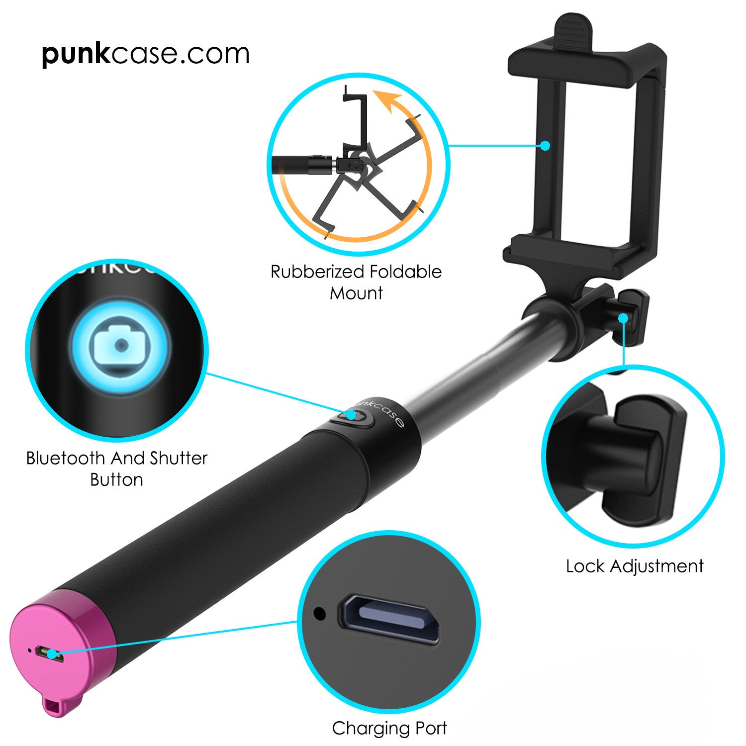 Selfie Stick Pink, Extendable Monopod with Built-In Bluetooth Remote Shutter