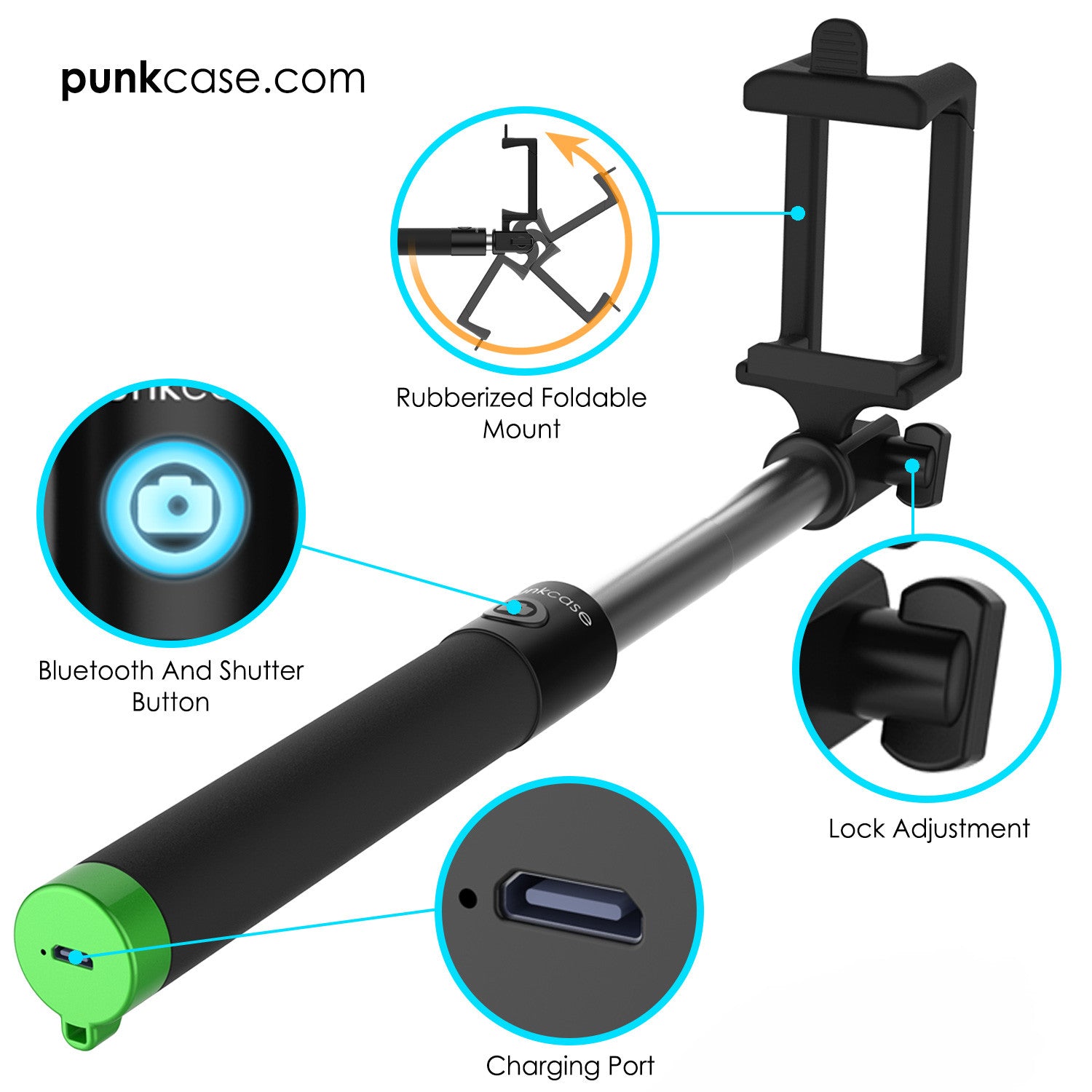 Selfie Stick - Green, Extendable Monopod with Built-In Bluetooth Remote Shutter