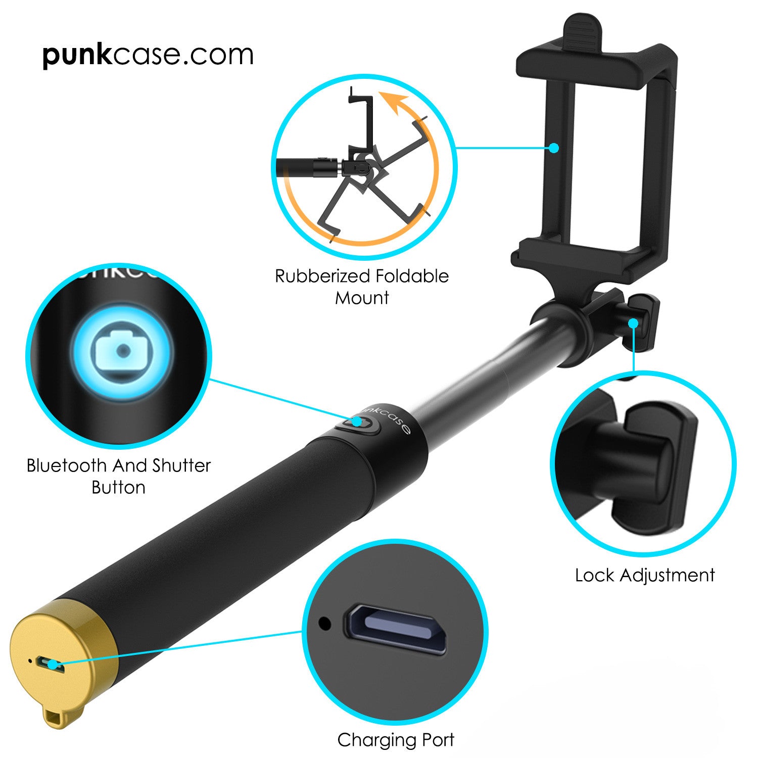 Selfie Stick - Gold, Extendable Monopod with Built-In Bluetooth Remote Shutter