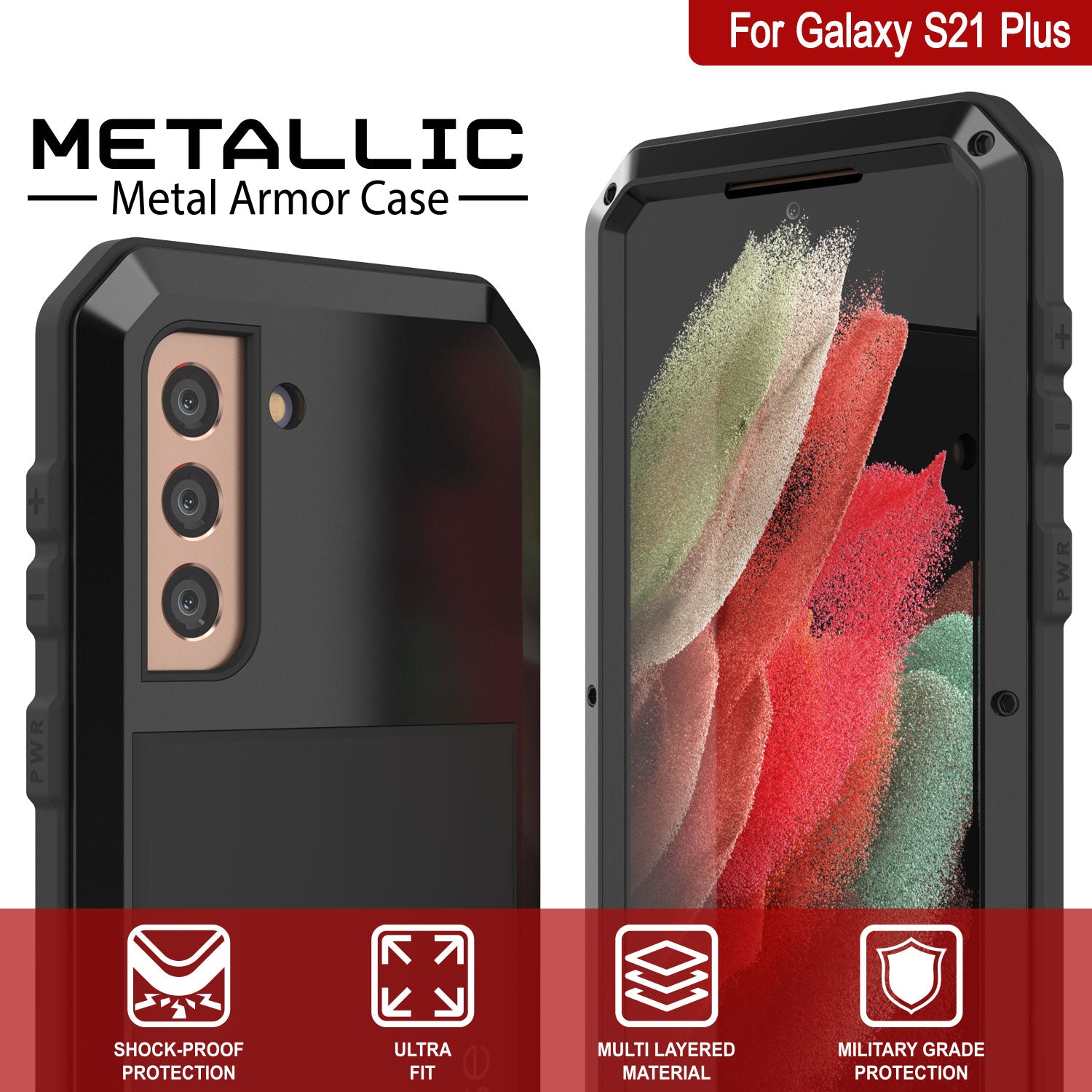 Galaxy S21+ Plus Metal Case, Heavy Duty Military Grade Rugged Armor Cover [Black]
