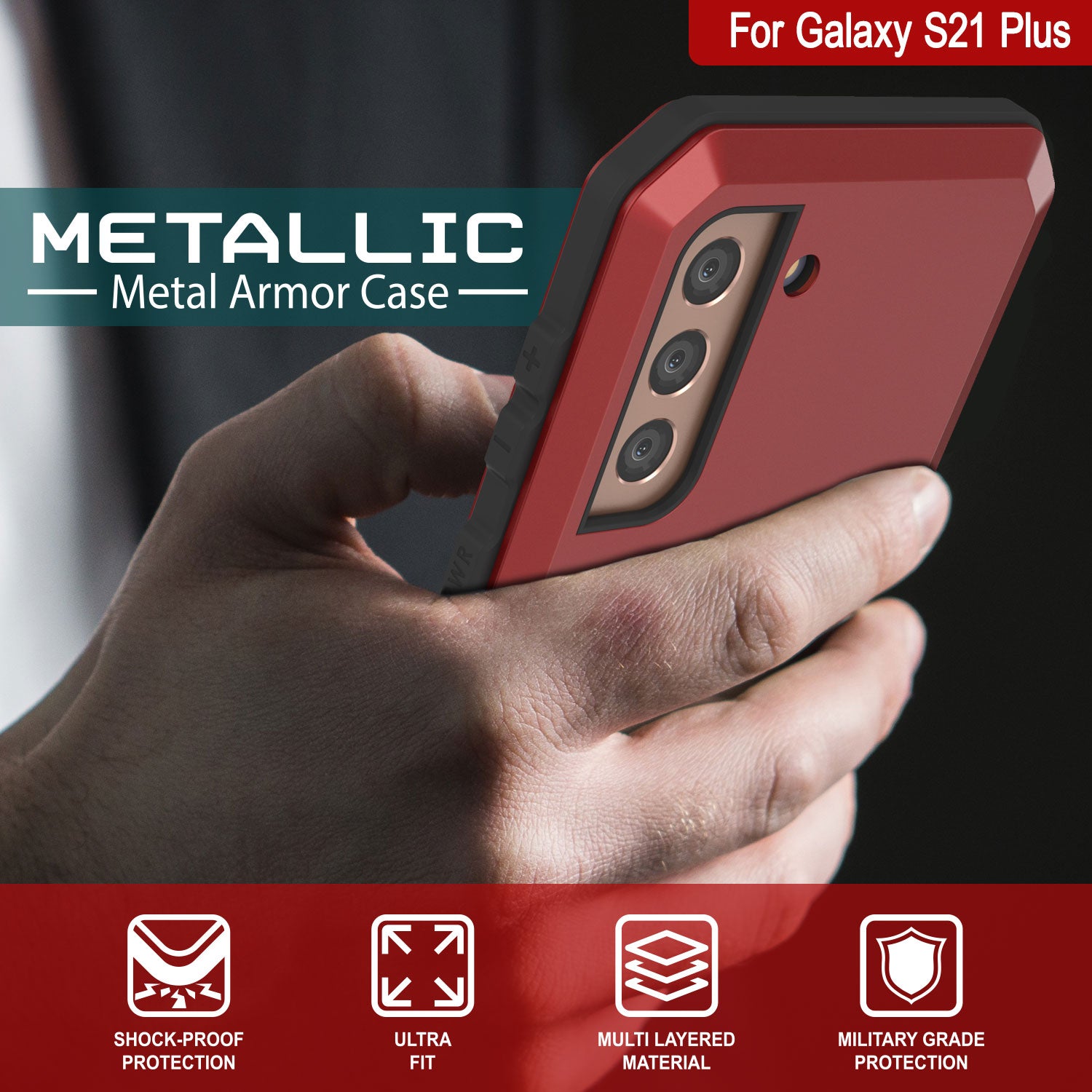 Galaxy S21+ Plus Metal Case, Heavy Duty Military Grade Rugged Armor Cover [Red]