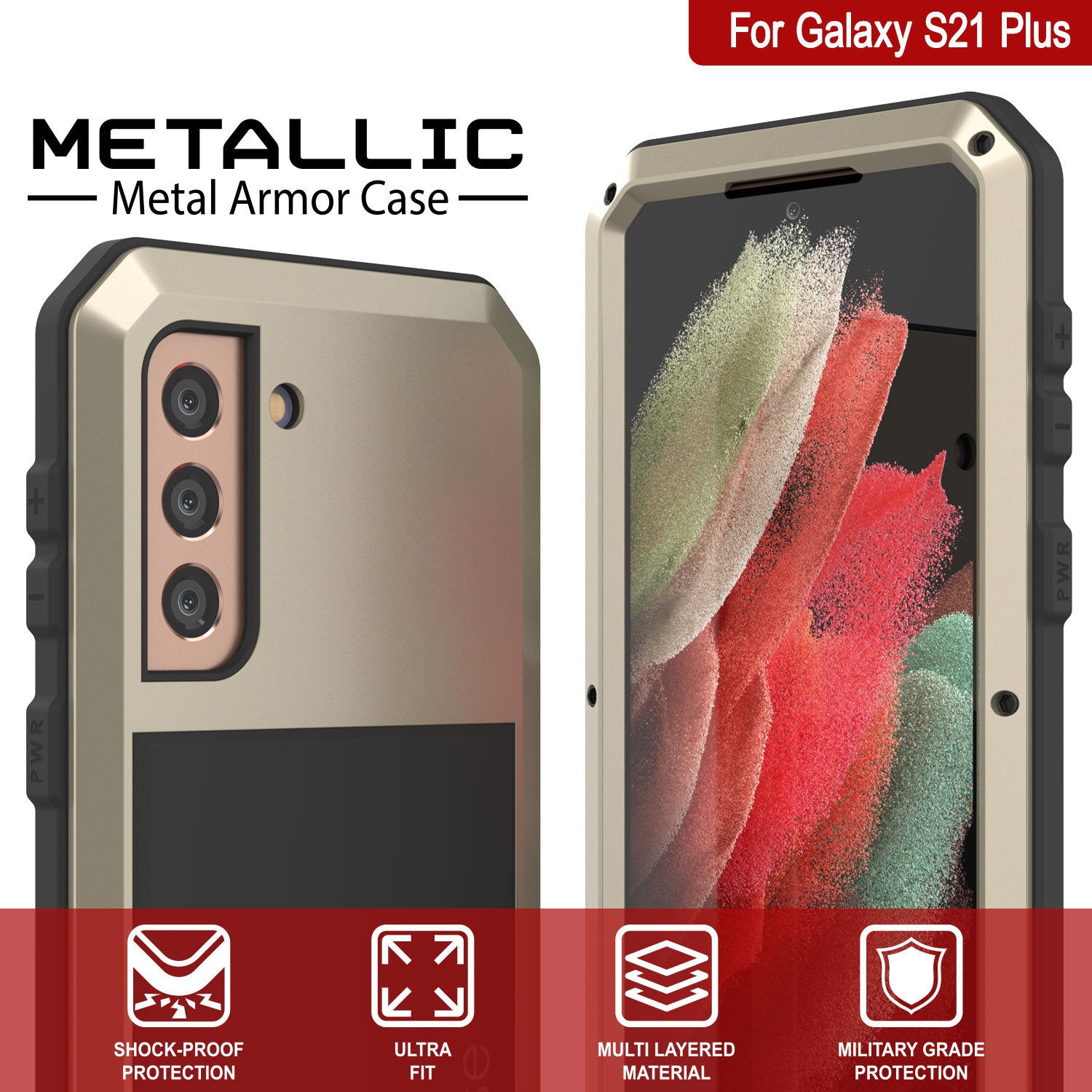 Galaxy S21+ Plus Metal Case, Heavy Duty Military Grade Rugged Armor Cover [Gold]