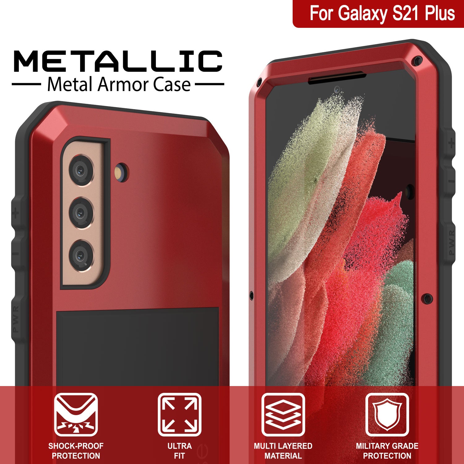 Galaxy S21+ Plus Metal Case, Heavy Duty Military Grade Rugged Armor Cover [Red]