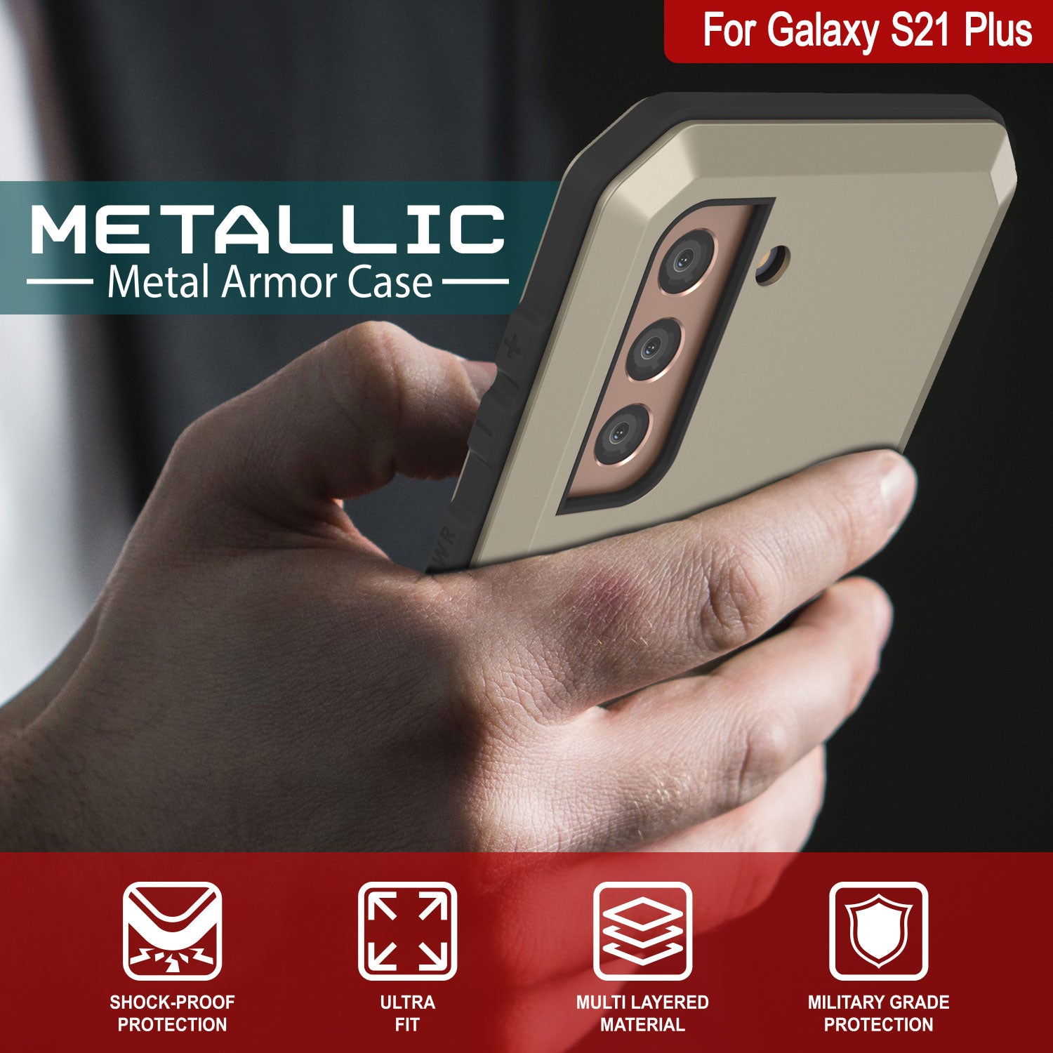 Galaxy S21+ Plus Metal Case, Heavy Duty Military Grade Rugged Armor Cover [Gold]