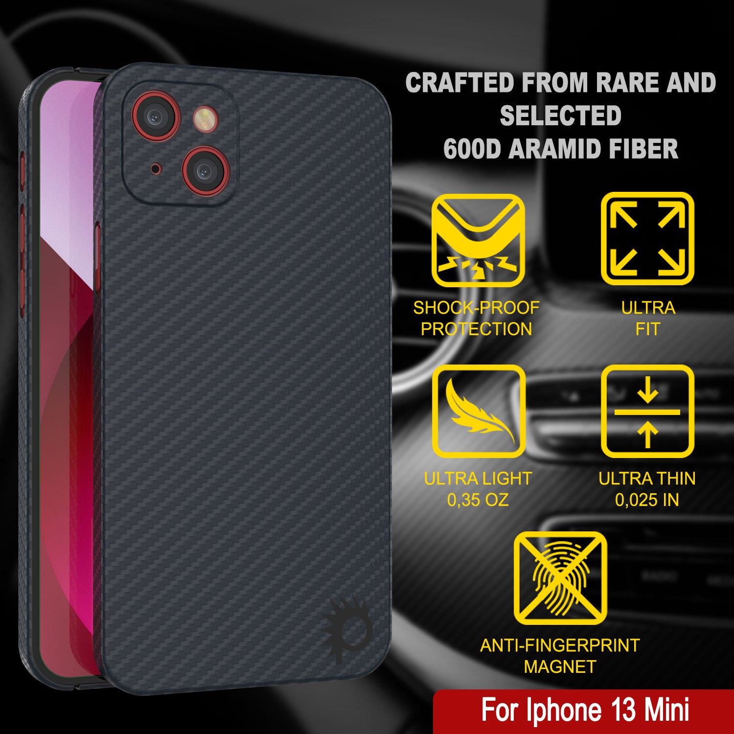 Punkcase iPhone 13 Mini Carbon Fiber Case [AramidShield Series] Ultra Slim & Light Kevlar