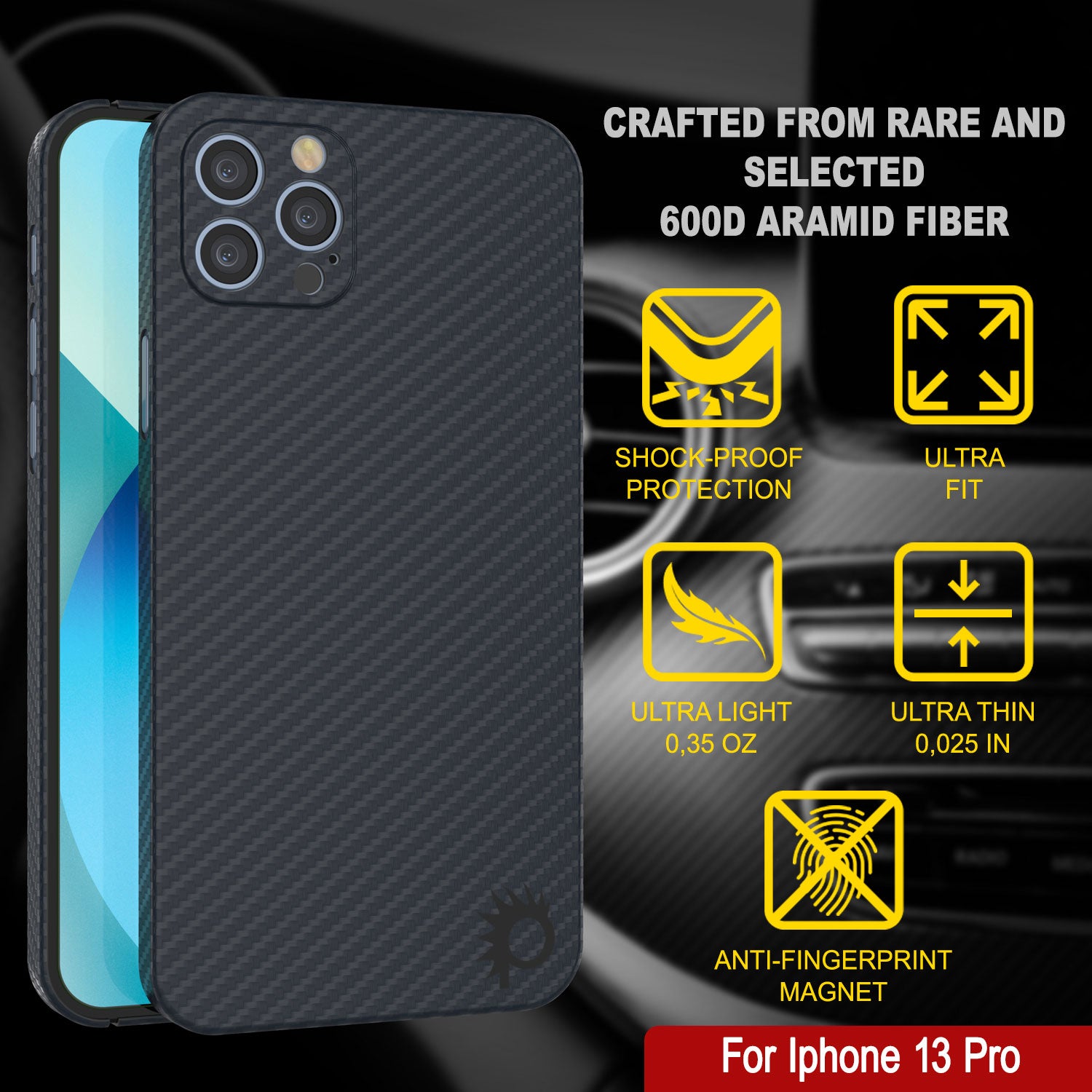 Punkcase iPhone 13 Pro Carbon Fiber Case [AramidShield Series] Ultra Slim & Light Kevlar