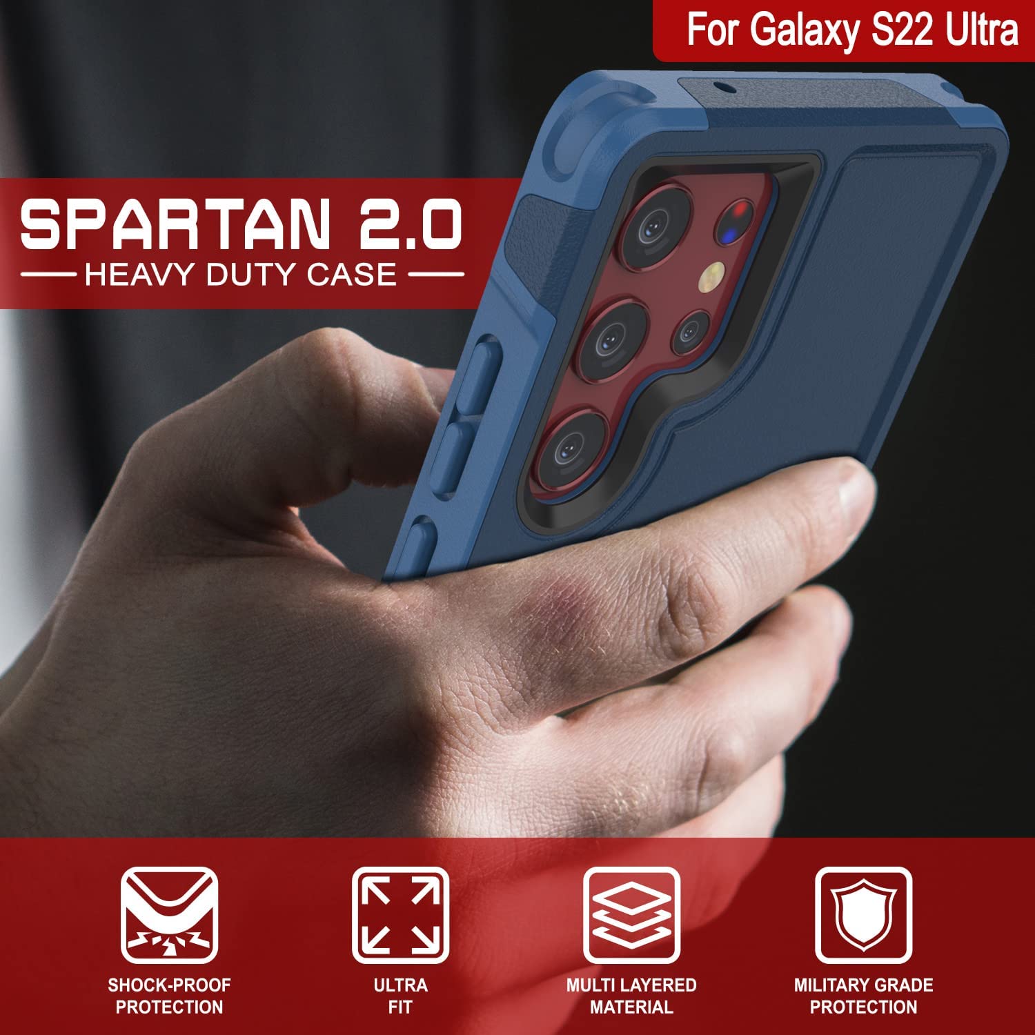 PunkCase Galaxy S22 Ultra Case, [Spartan 2.0 Series] Clear Rugged Heavy Duty Cover [Navy]