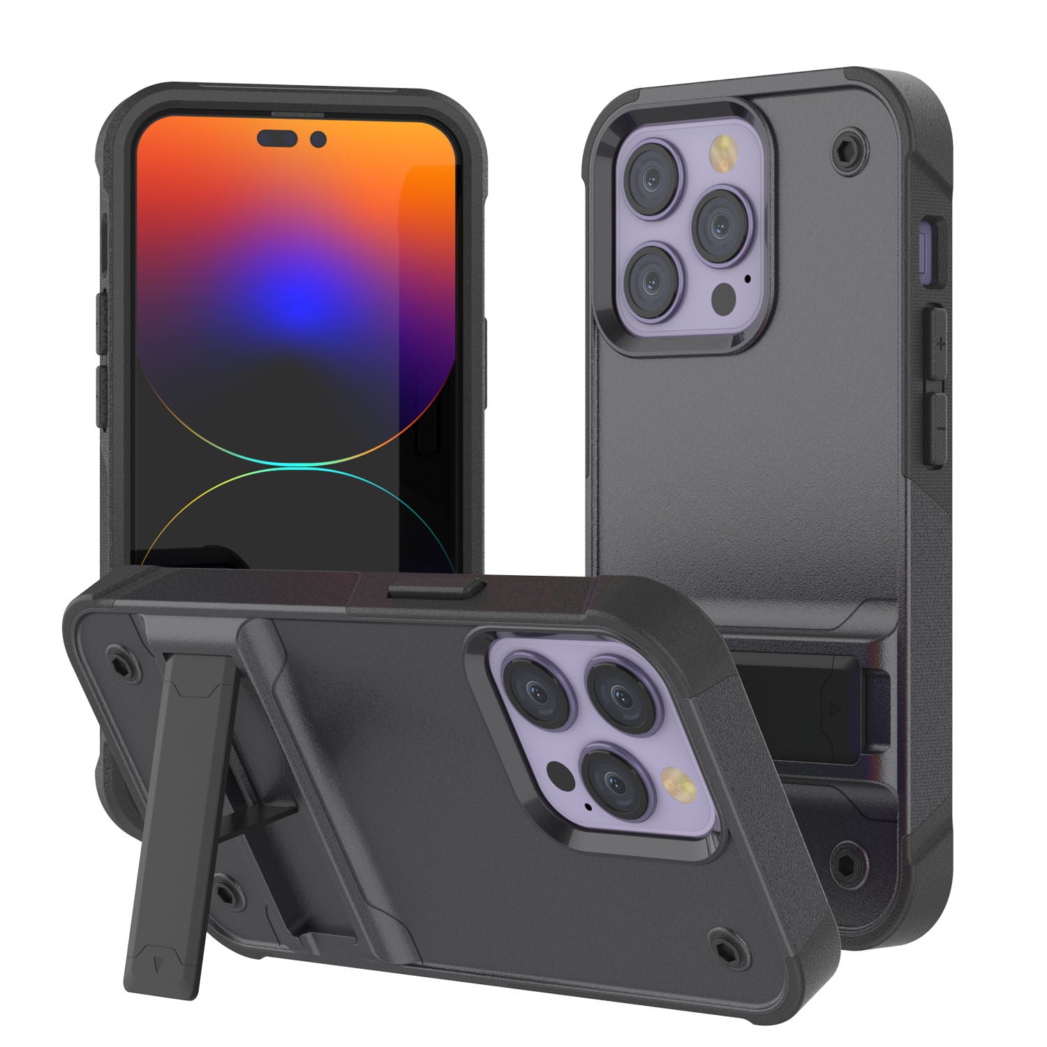 Punkcase iPhone 15 Pro Max Case [Reliance Series] Protective Hybrid Military Grade Cover W/Built-in Kickstand [Grey-Black]