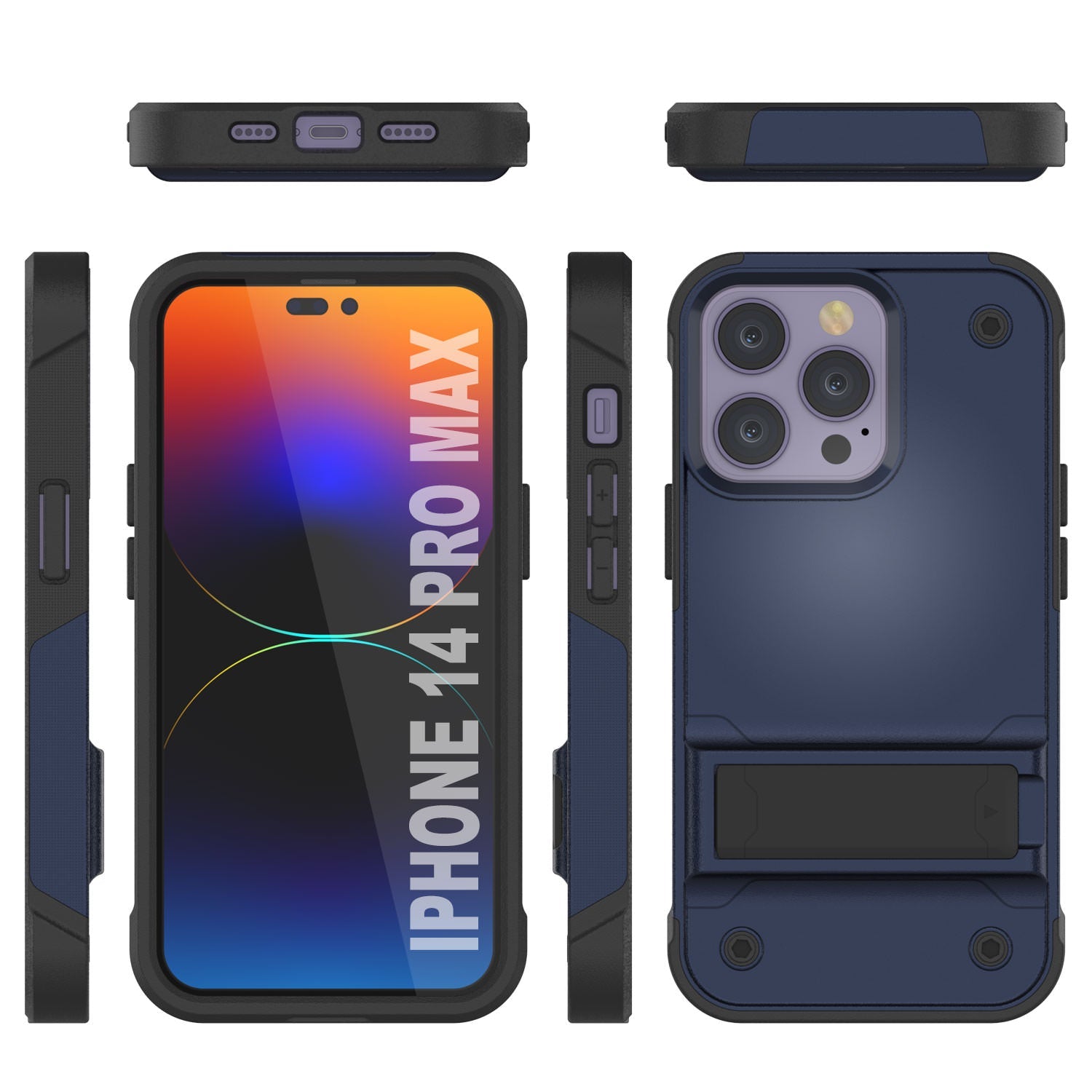 Punkcase iPhone 15 Pro Max Case [Reliance Series] Protective Hybrid Military Grade Cover W/Built-in Kickstand [Navy-Black]