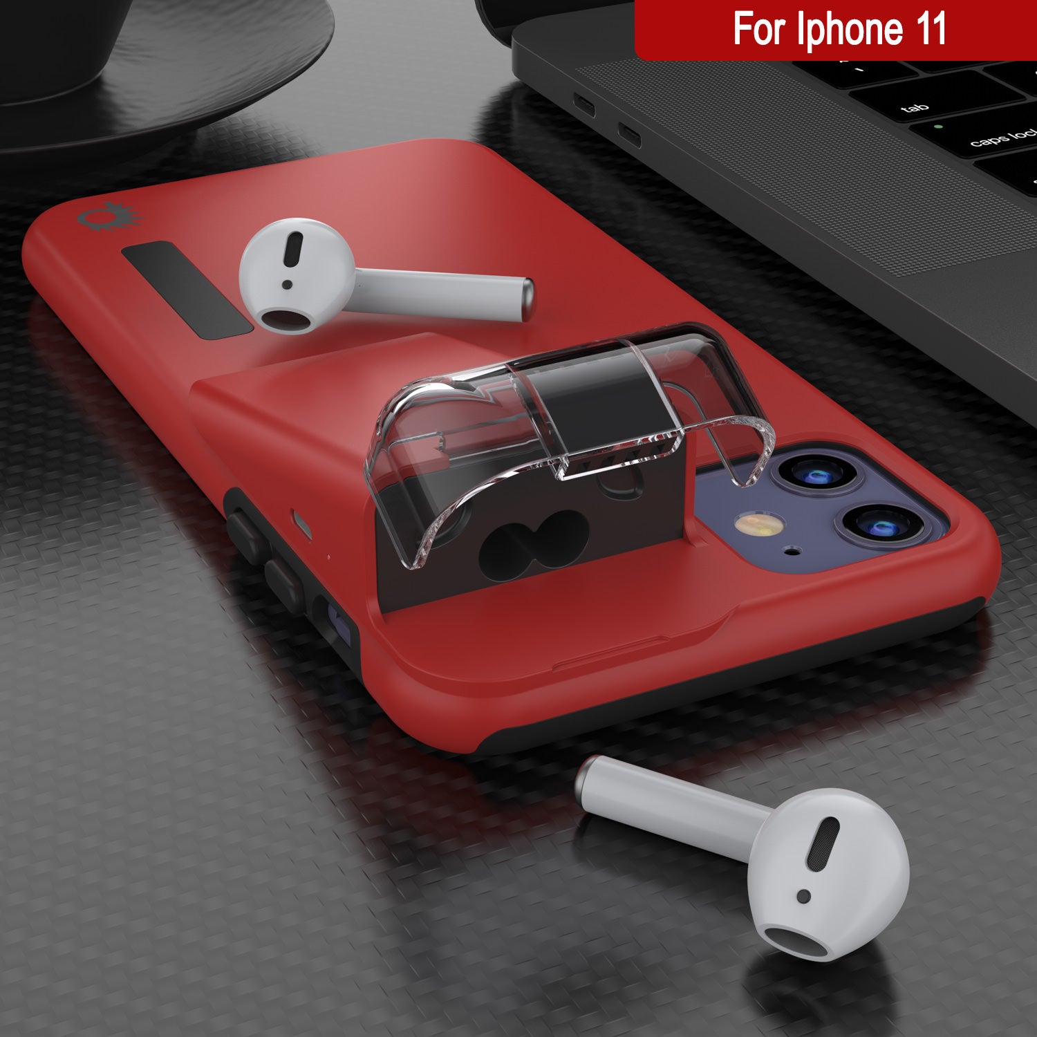 Punkcase iPhone 11 Airpod Charging Case Holder | Slim & Durable 2 in 1 [Red]