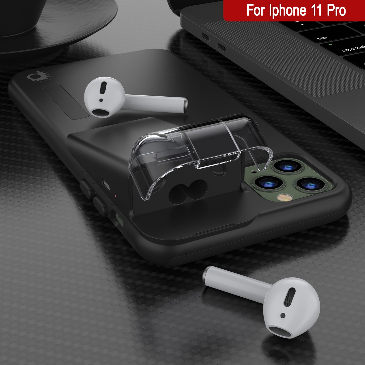 Punkcase iPhone 11 Pro Airpod Charging Case Holder | Slim & Durable 2 in 1 [Black]