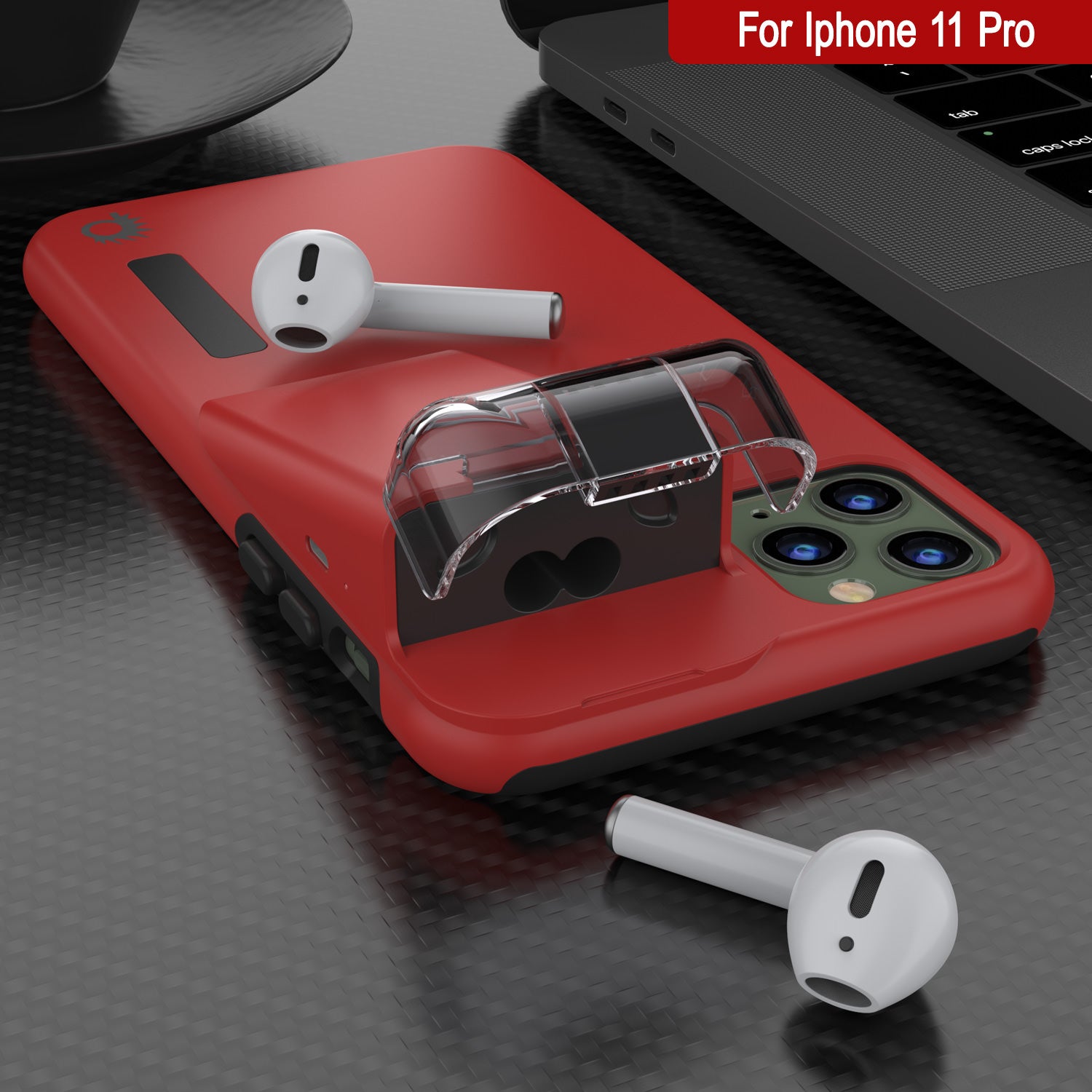 Punkcase iPhone 11 Pro Airpod Charging Case Holder | Slim & Durable 2 in 1 [Red]