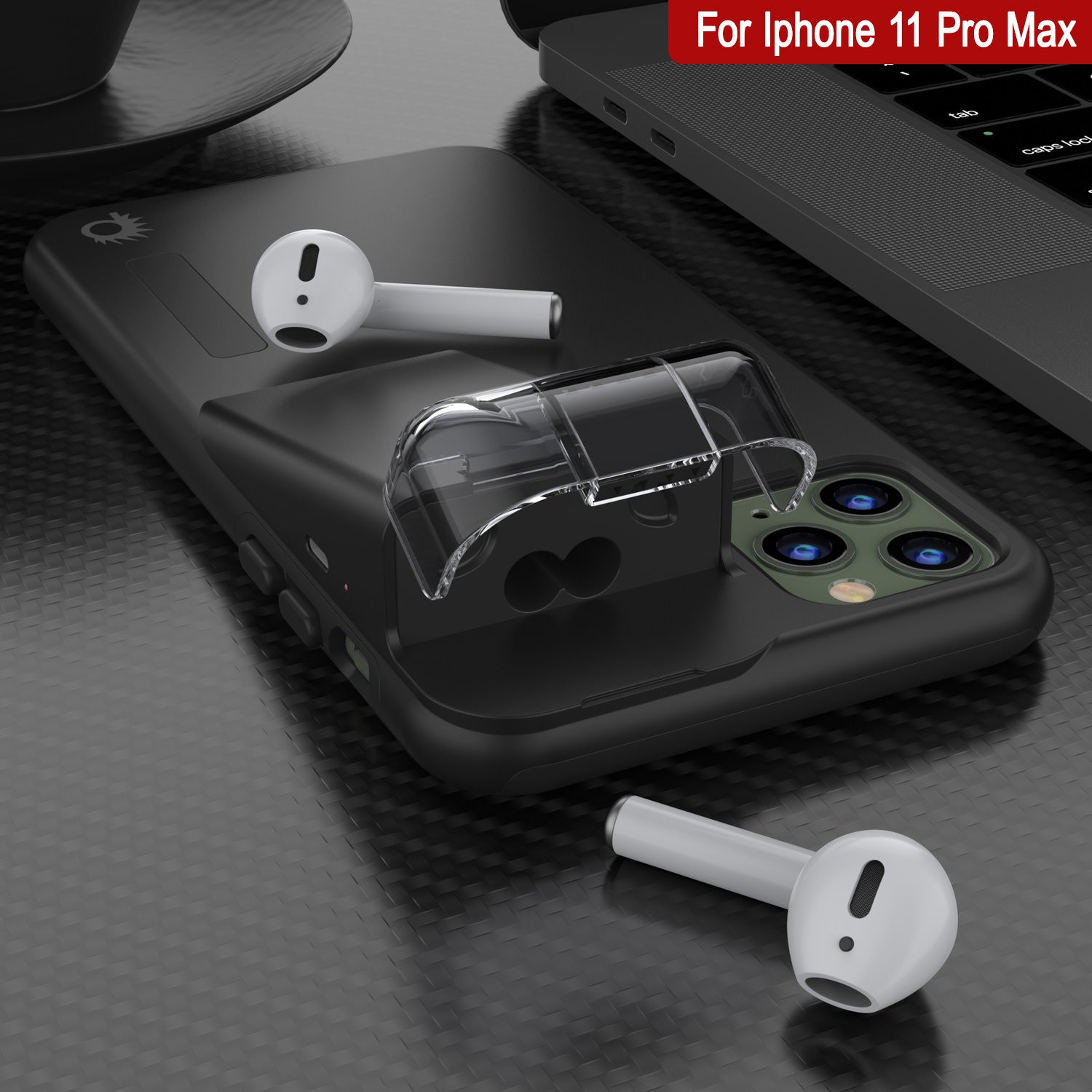 Punkcase iPhone 11 Pro Max Airpod Charging Case Holder | Slim & Durable 2 in 1 [Black]