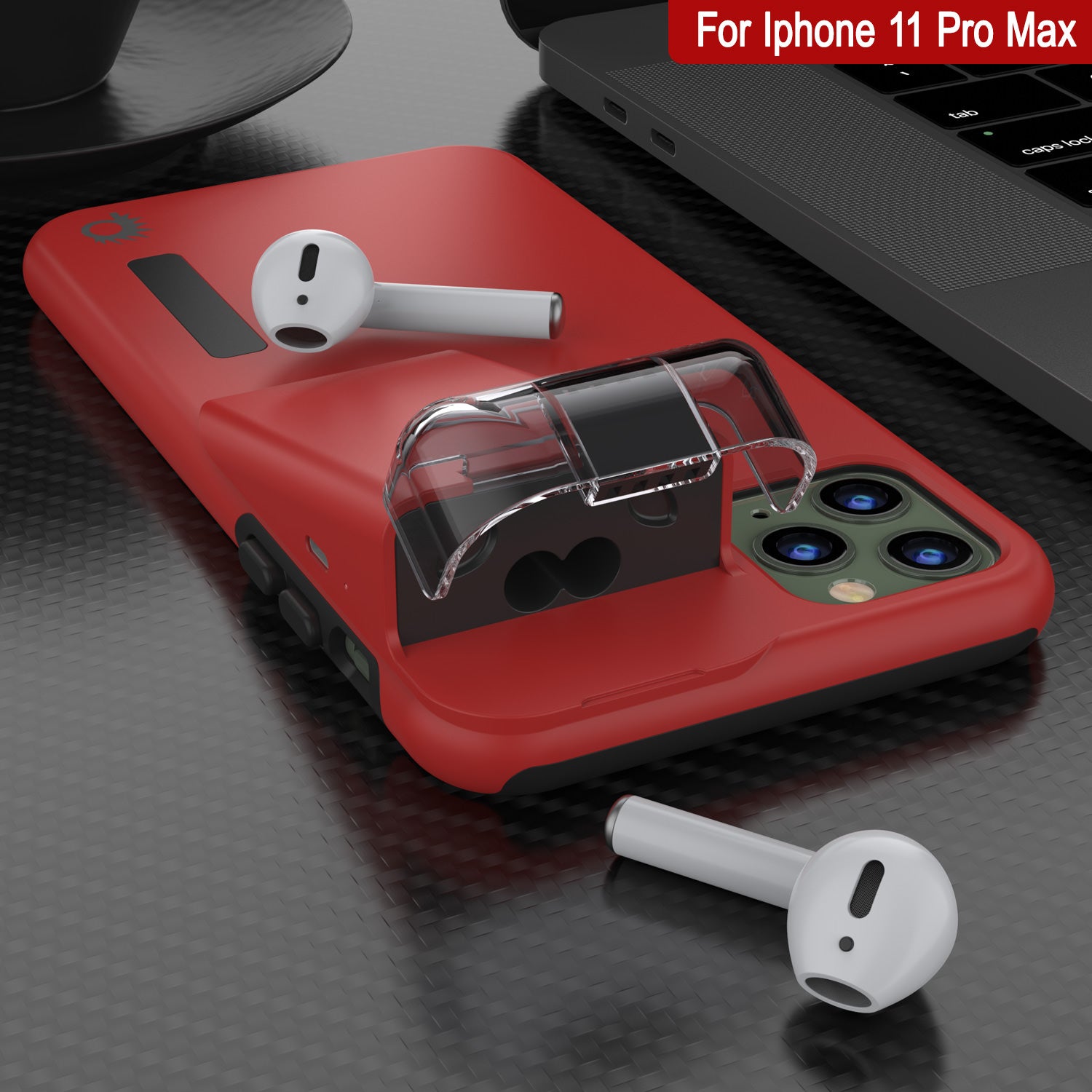 Punkcase iPhone 11 Pro Max Airpod Charging Case Holder | Slim & Durable 2 in 1 [Red]