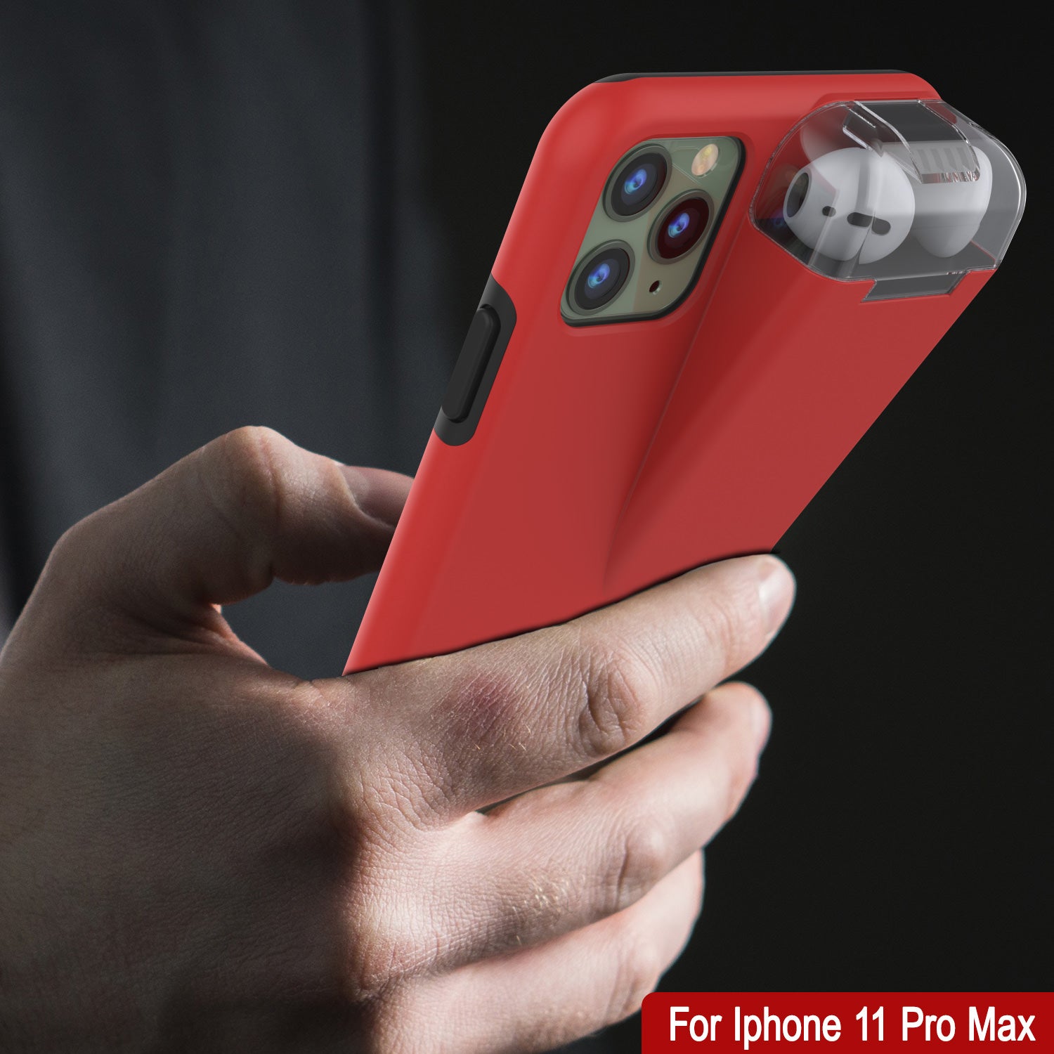 Punkcase iPhone 11 Pro Max Airpod Charging Case Holder | Slim & Durable 2 in 1 [Red]