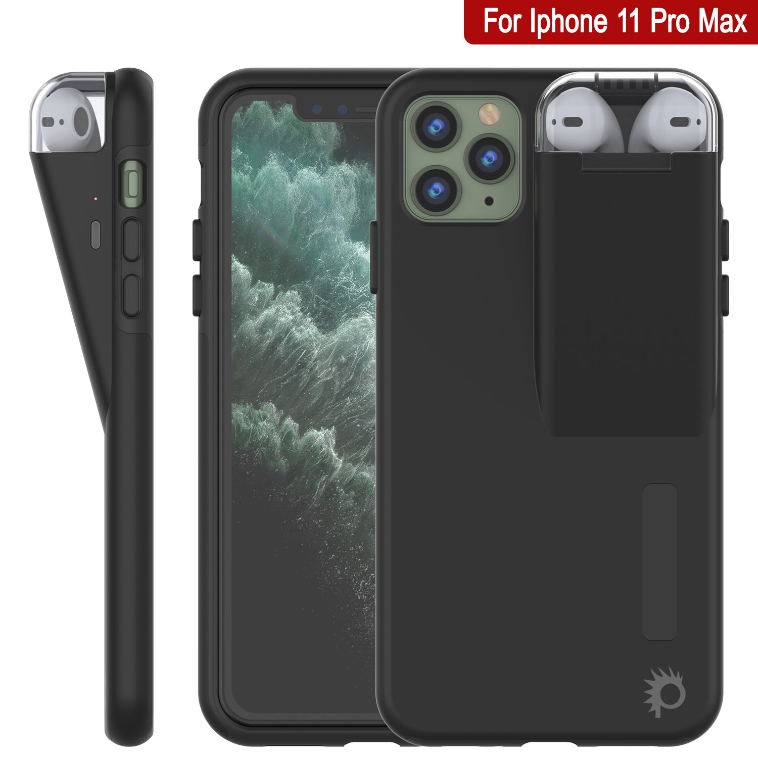 Punkcase iPhone 11 Pro Max Airpod Charging Case Holder | Slim & Durable 2 in 1 [Black]