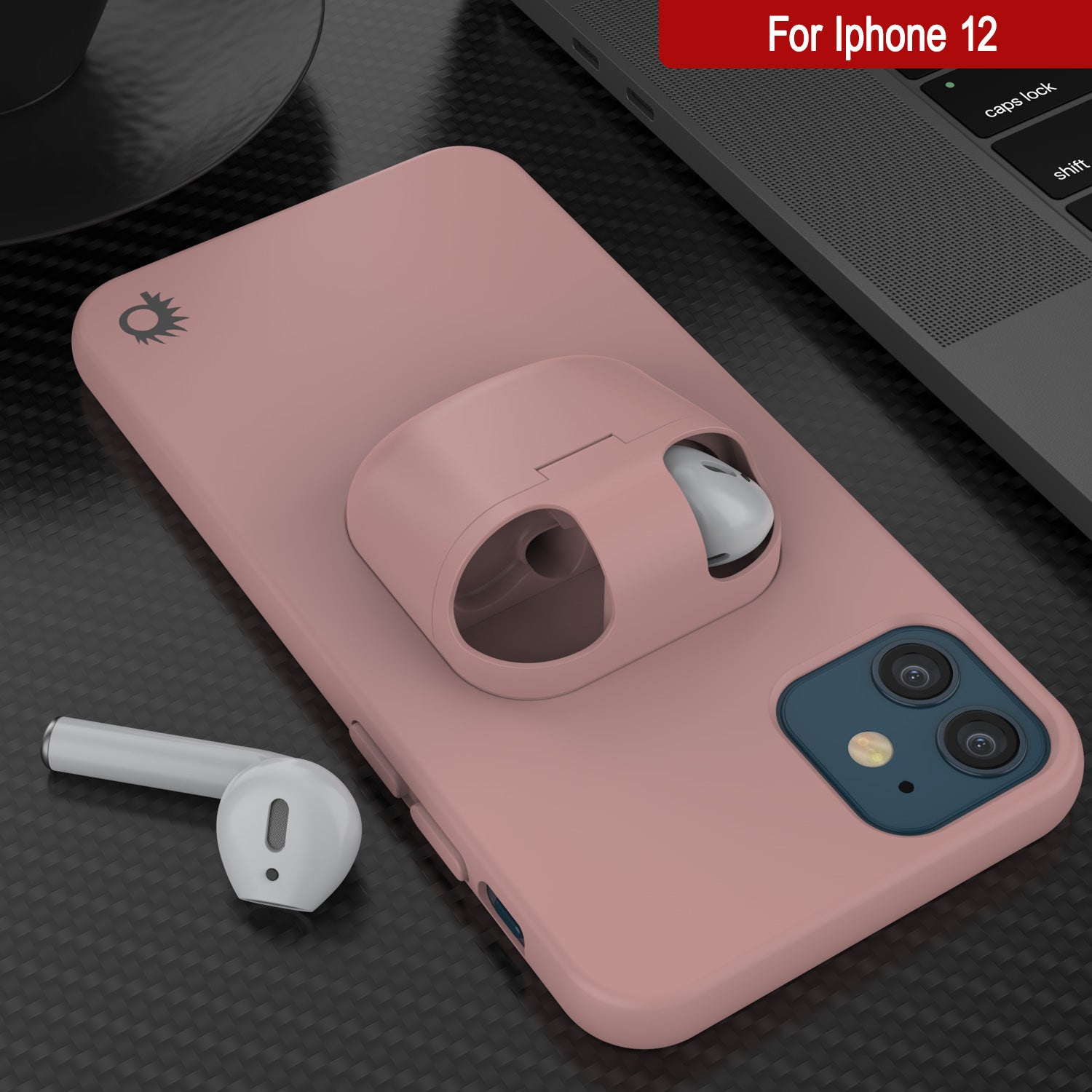 Punkcase iPhone 12 Airpods Case Holder (CenterPods Series) | Slim & Durable 2 in 1 Cover Designed for iPhone 12 (6.1") | Protects Your Phone & Stores Your AirPods Gen. 1 & 2 [Pink]