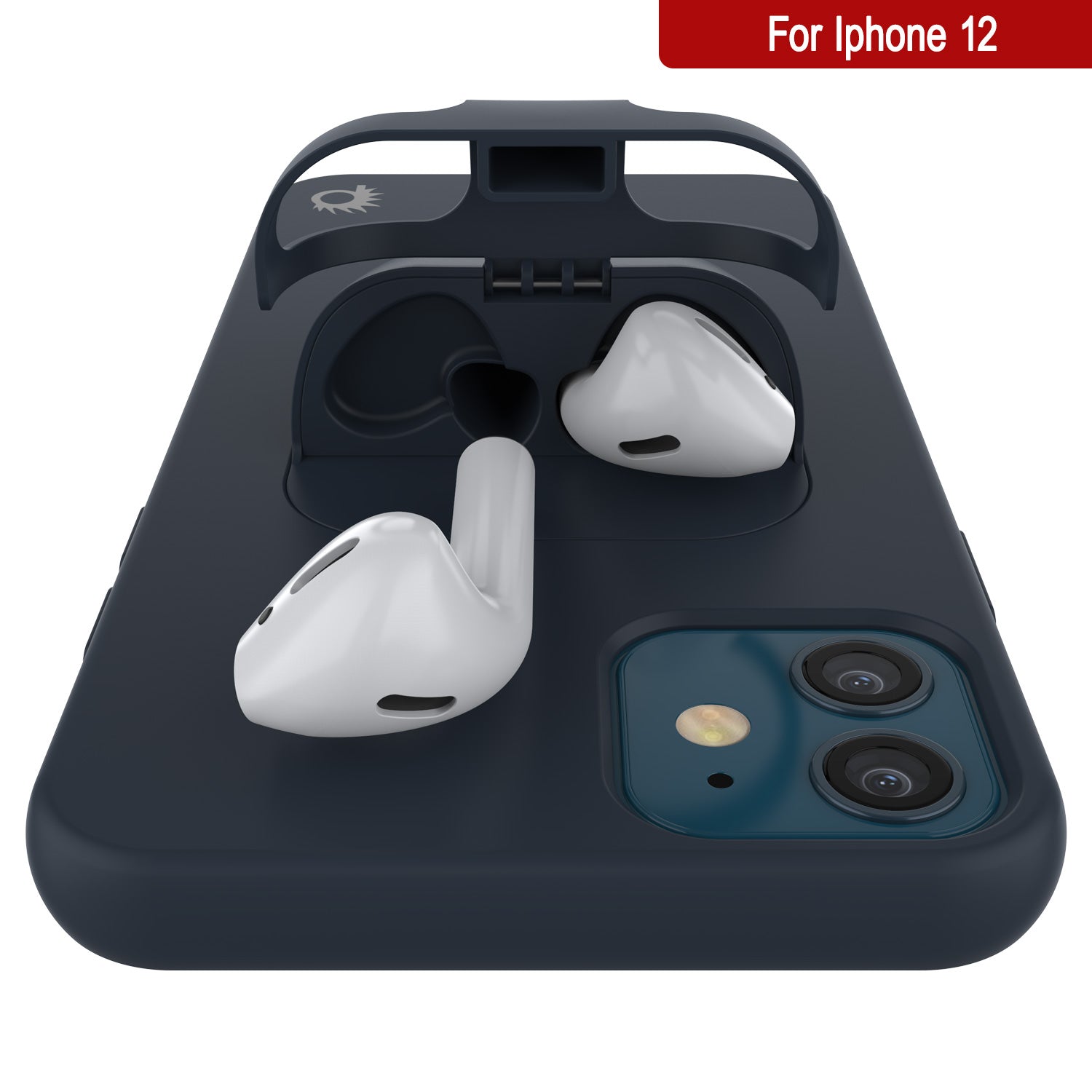 Punkcase iPhone 12 Airpods Case Holder (CenterPods Series) | Slim & Durable 2 in 1 Cover Designed for iPhone 12 (6.1") | Protects Your Phone & Stores Your AirPods Gen. 1 & 2 [Navy Blue]