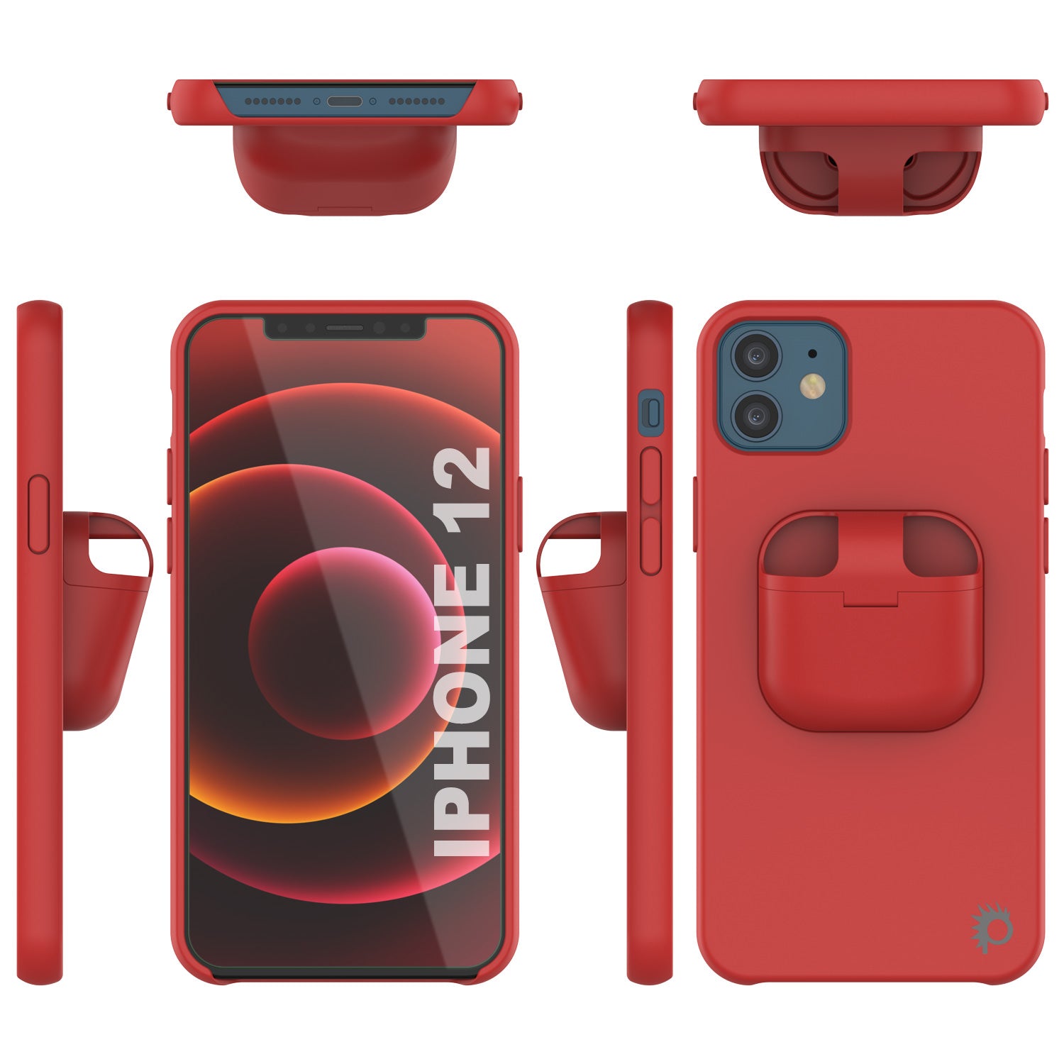 Punkcase iPhone 12 Airpods Case Holder (CenterPods Series) | Slim & Durable 2 in 1 Cover Designed for iPhone 12 (6.1") | Protects Your Phone & Stores Your AirPods Gen. 1 & 2 [Red]