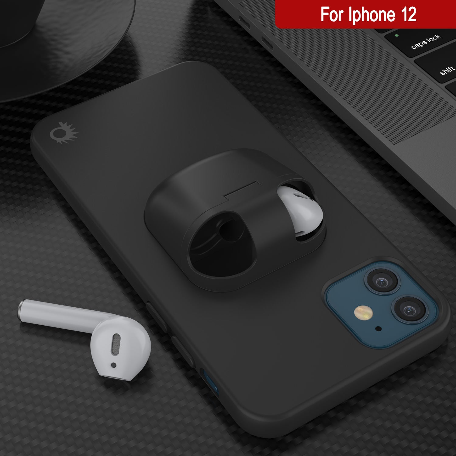 Punkcase iPhone 12 Airpods Case Holder (CenterPods Series) | Slim & Durable 2 in 1 Cover Designed for iPhone 12 (6.1") | Protects Your Phone & Stores Your AirPods Gen. 1 & 2 [Black]